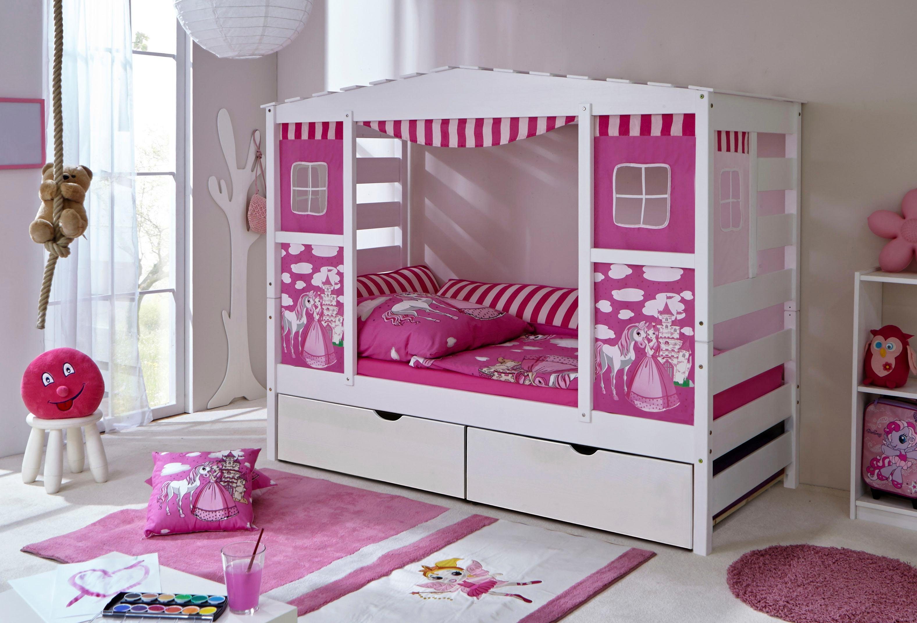Kinderbett »Prinzessin« Hausbett Lio, Ticaa Kiefer gewachst-Textil-Set massiv weiß