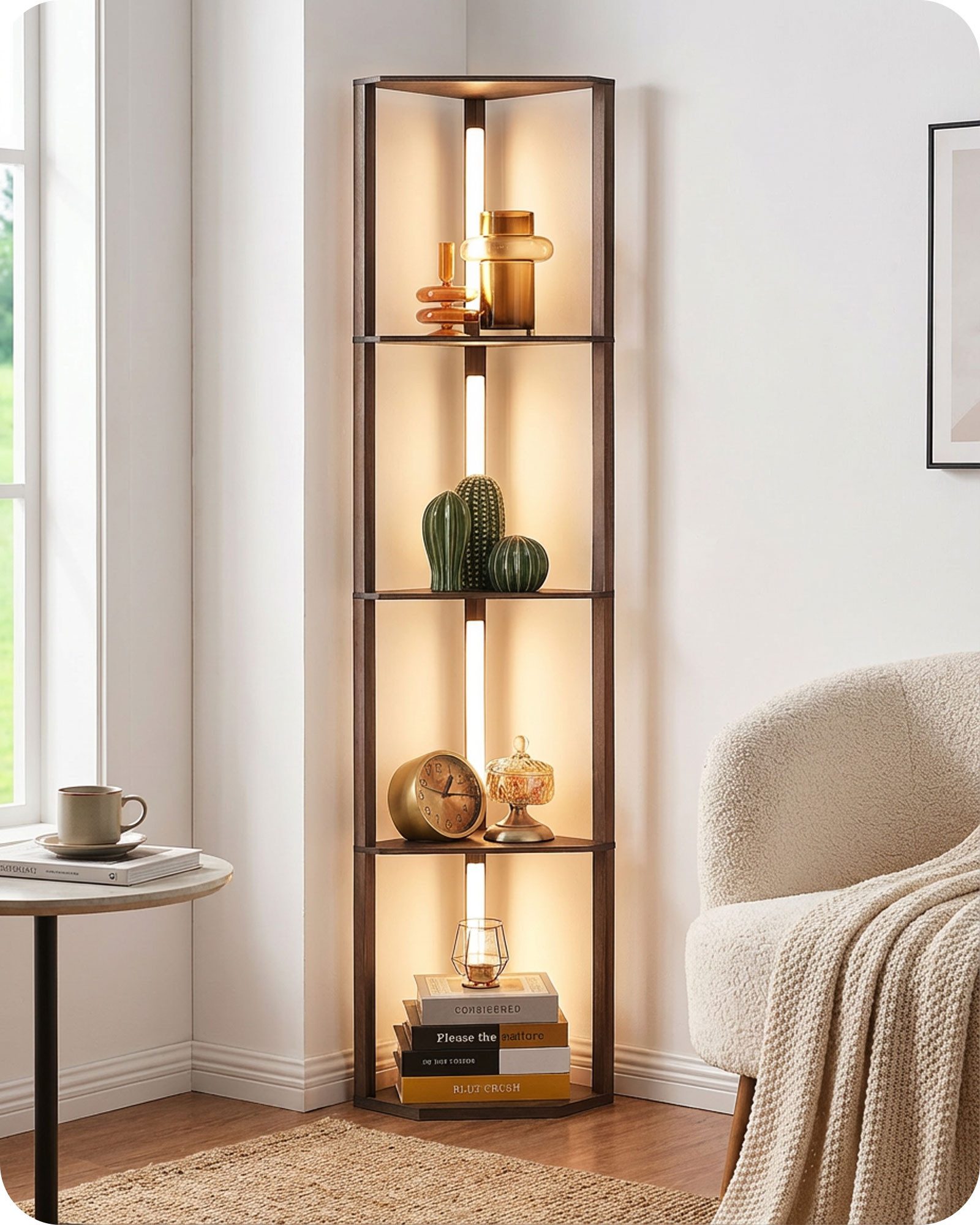 EDISHINE Stehlampe Wohnzimmer, Standleuchte mit 4 Holz-Regal, LED fest integriert, warmweiß bis kaltweiß dimmbar, LED Dimmbar Stehleuchte, mit 360° Drehbarer Lichtmast