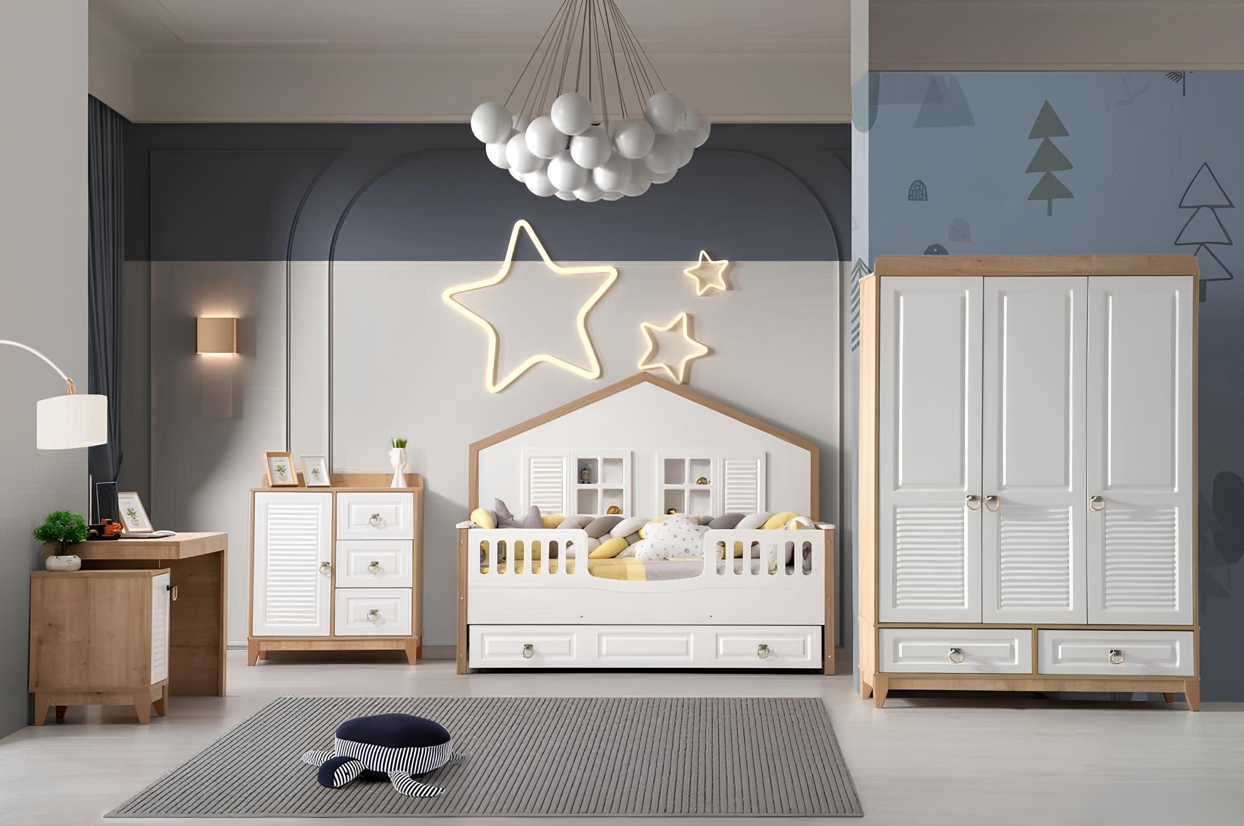 Jugendzimmer-Set Helles Kinderzimmer Set aus hochwertigem Holz in neutralem Weiß