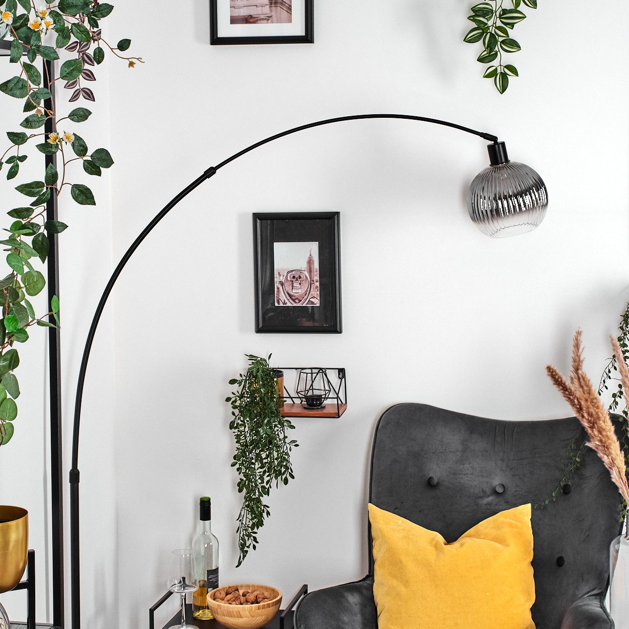 hofstein Bogenlampe Stehlampe mit Marmorfuß aus Metall/Riffelglas in Schwarz/Rauch/Klar, verstellbare Stehleuchte im Retro/Vintage, Ø 20 cm, Fußschalter, E27