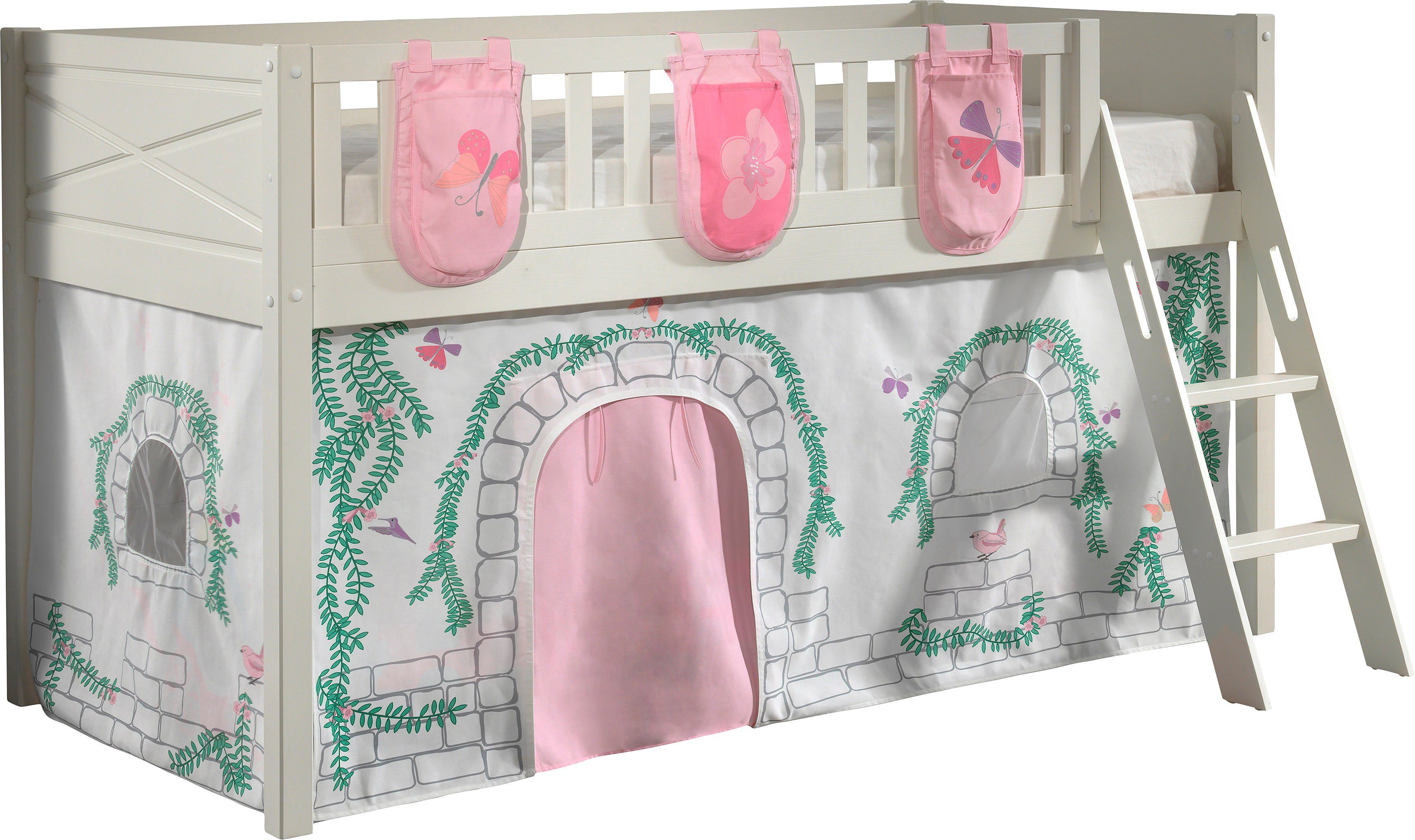 Vipack Hochbett Scott (Made in Europe) mit schräger Leiter, LF 90x200 cm, Vorhang, Tasche, 4 Designs