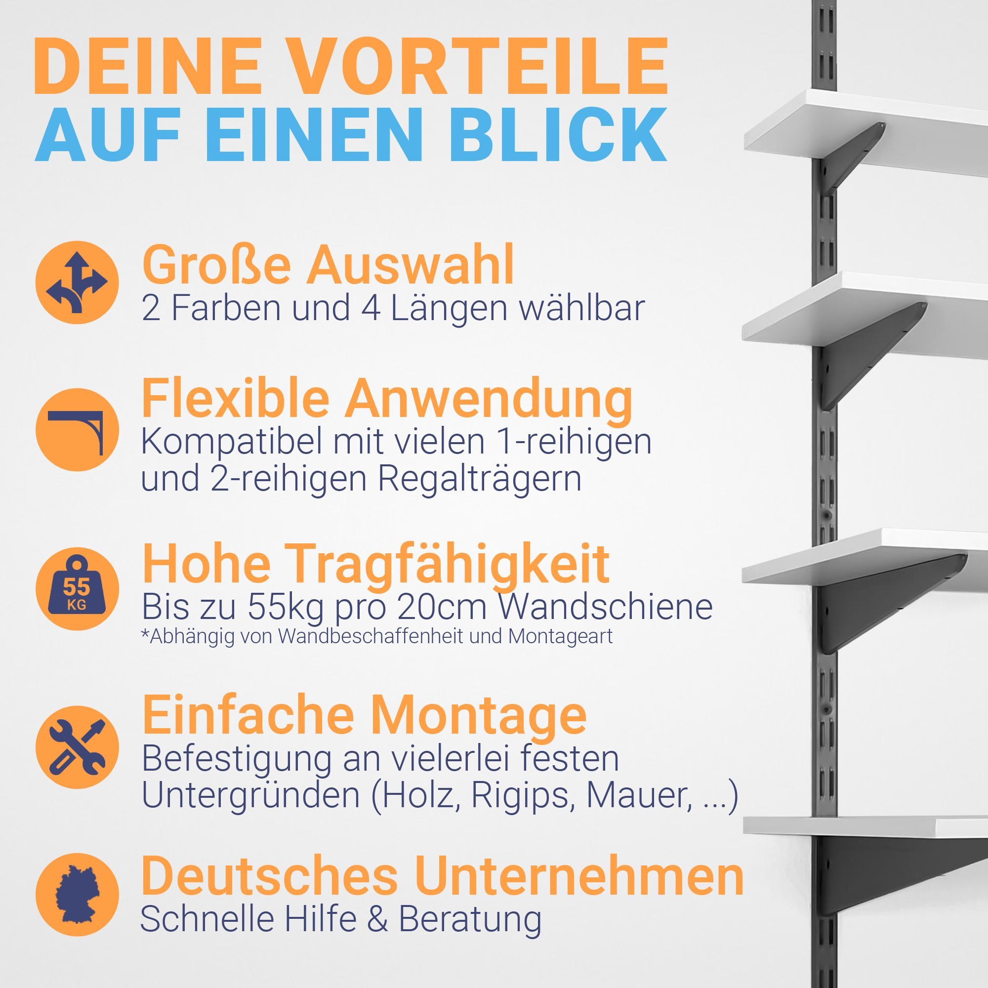 BOOMET Wandregalhalter Wandschienen für Regalsystem 2-reihig, 2-tlg., Weiß 50cm Regalschienen Wandregal Schiene – Bild 5 von 5