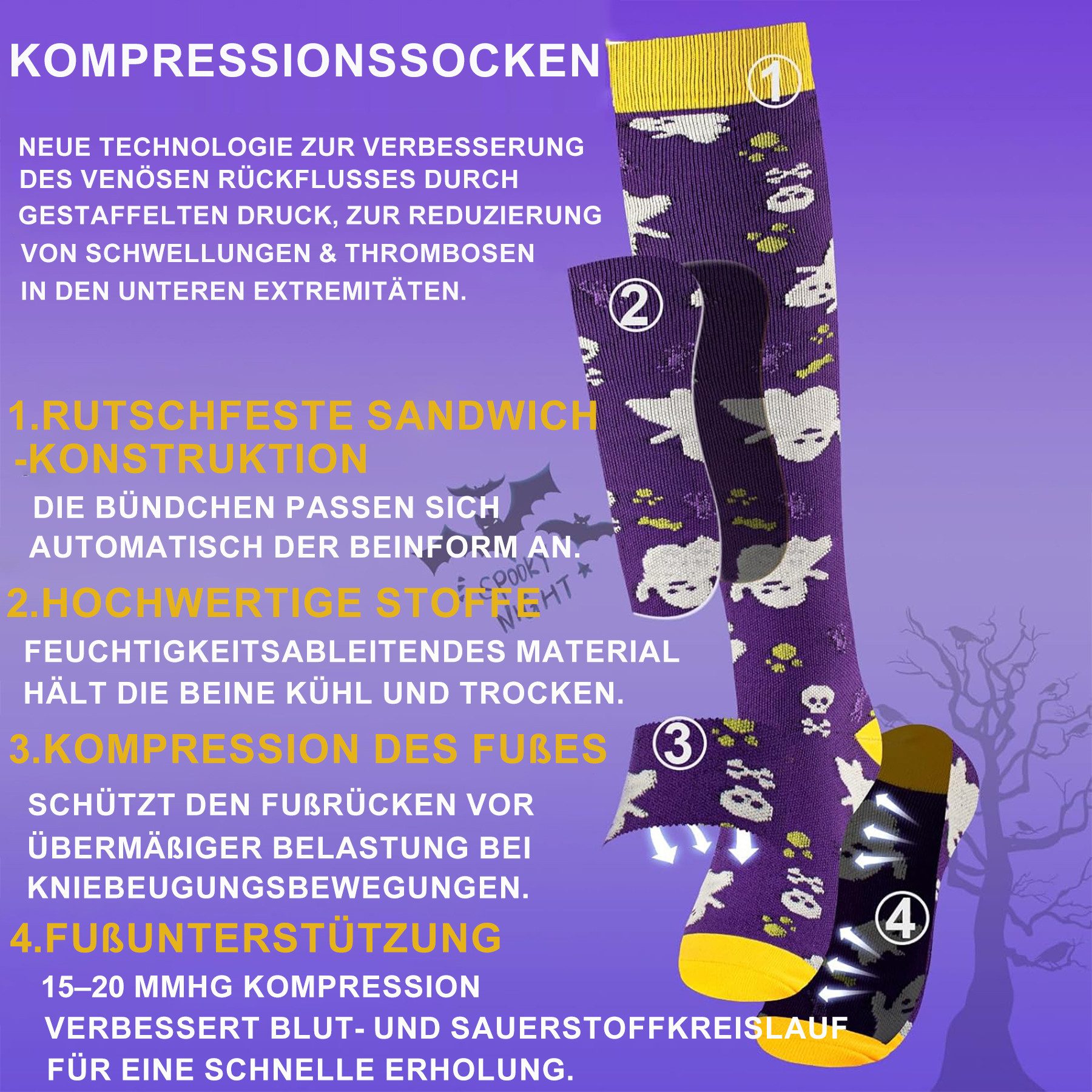Mutig Kompressionsstrümpfe 6 Paar Kompressionsstrümpfe 18-30mmHg,Stützstrümpfe für Damen & Herren (für Flug, Sport, Laufen, Radsport, Krankenschwester,Schwanger – Bild 3 von 5