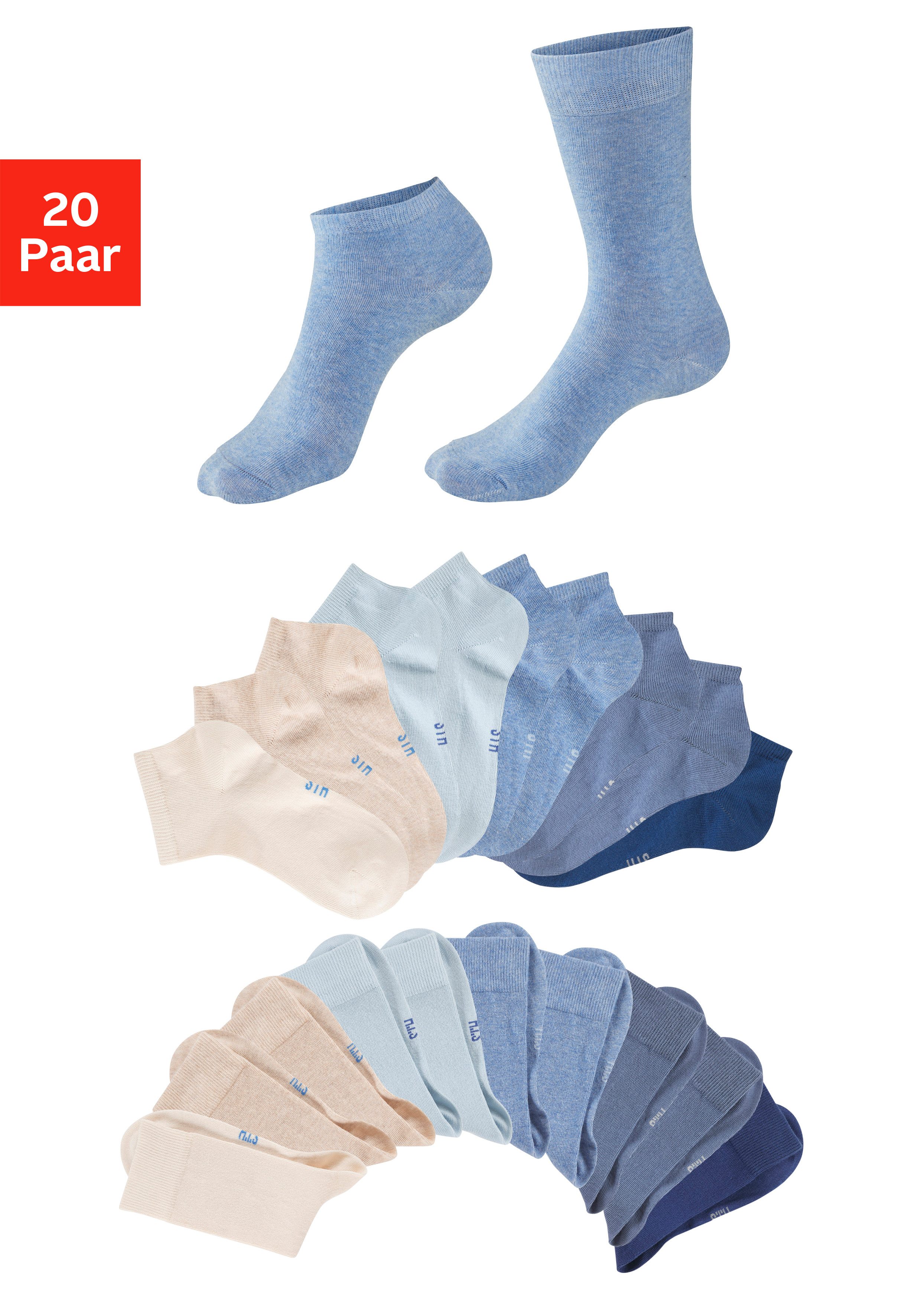 H.I.S Basicsocken Damen und Herren Atmungsaktiver Baumwollanteil, Business, Basic (Packung, 20-Paar, Gr. 35-38 bis 47-48) zwei Längen im Kombi Pack