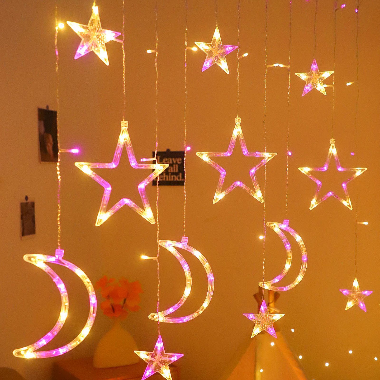 Sunicol LED-Lichtervorhang Eid Mubarak Ramadan LED Dekolicht,mit Stern Mond,Batteriebetrieb, Wasserdicht, Energieeinsparung Warmweiß mit Rosa | Lichtervorhänge