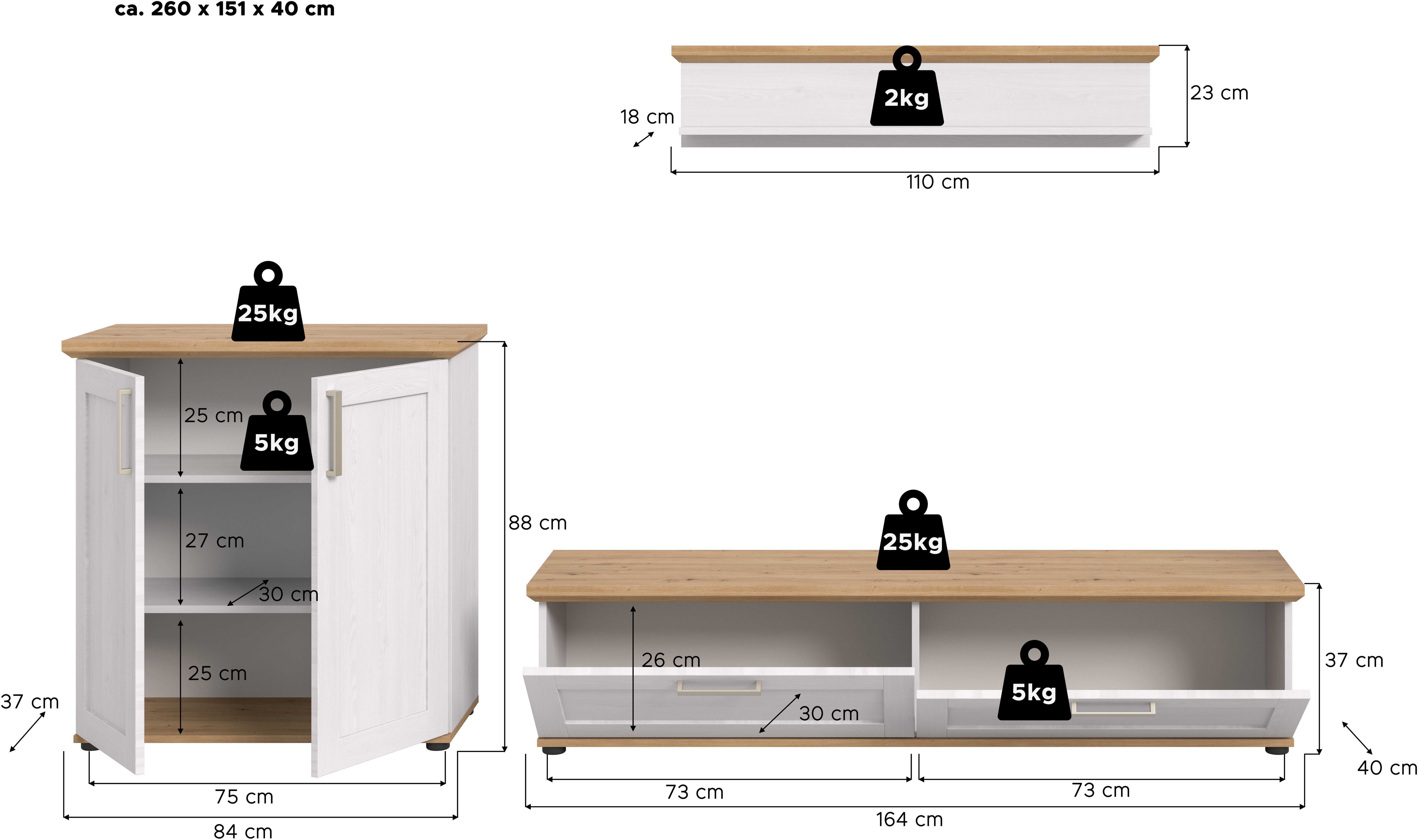 Home affaire Wohnwand Cosenza, (Set, 3-St), Cosenza, Breite: 260 cm, Highboard, Lowboard, Wandboard
