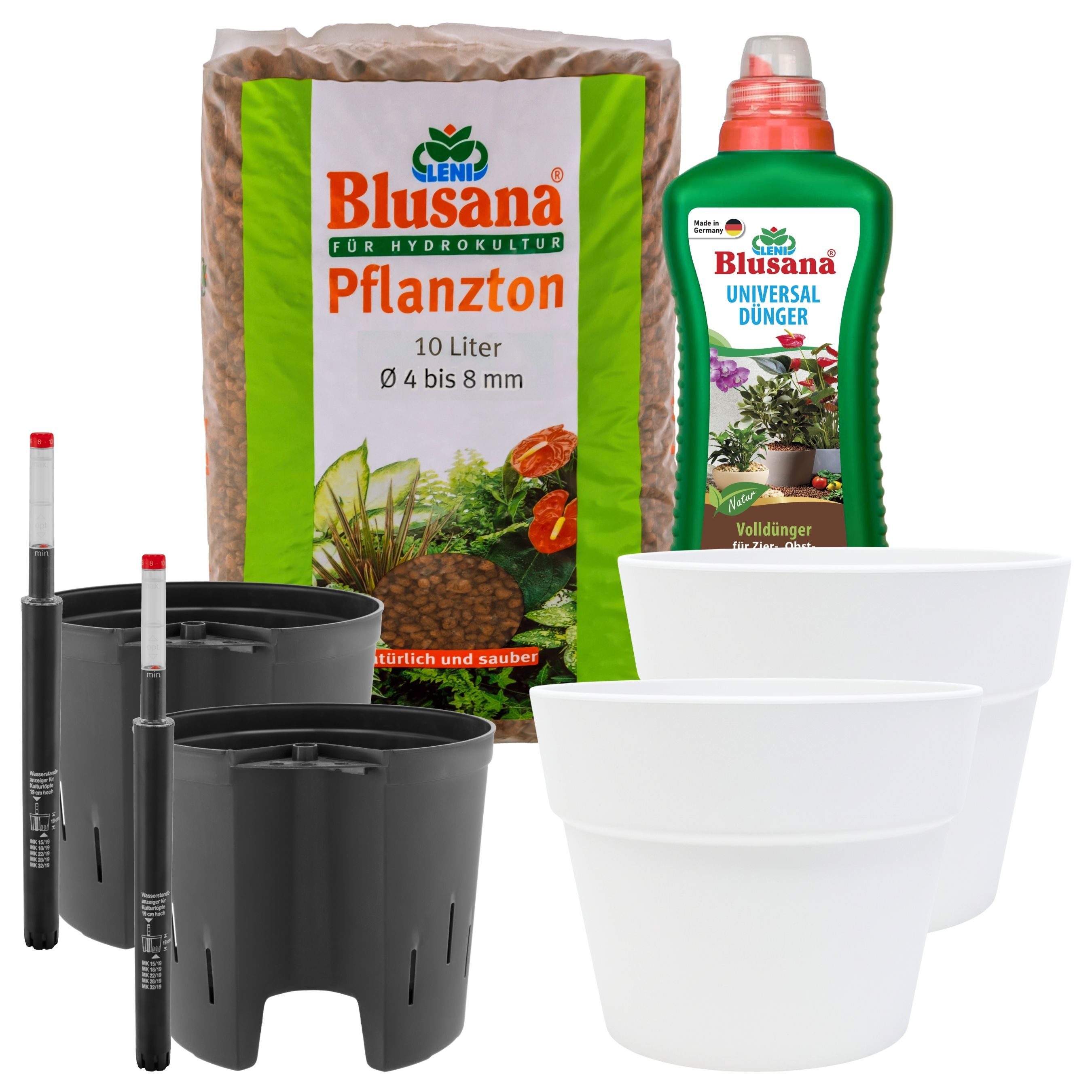 LENI Blumentopf "Classic" Hydrokultur Komplett-Set Selbst-Bewässerungssystem (Hydrokultur-Set, 2 St., Übertopf, Kulturtopf, Gießanzeige + 1 x 5L Substrat & 1L Dünger), Wasserdichtes Pflanzgefäß für Indoor & Outdoor