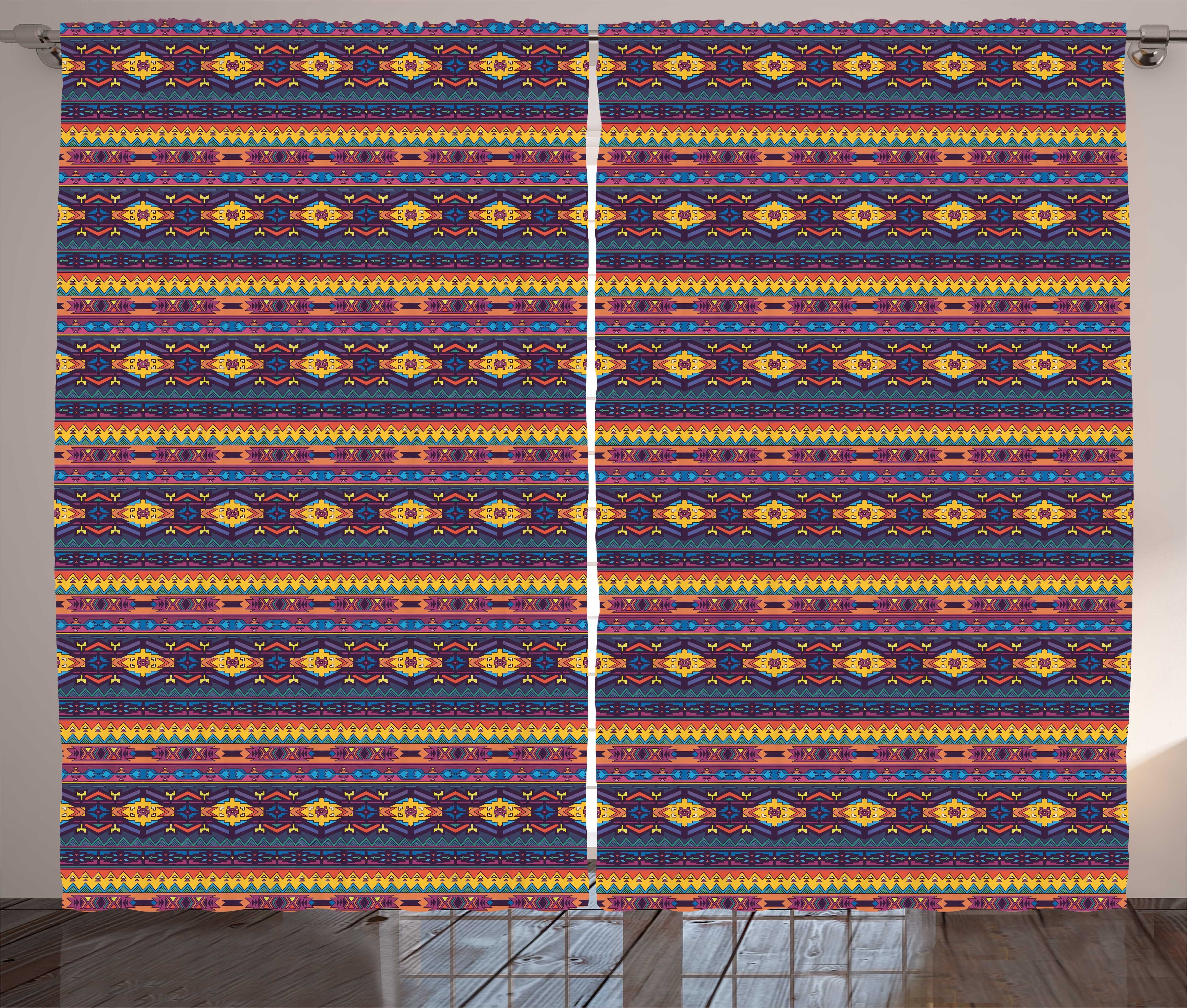 Gardine Schlafzimmer Kräuselband Vorhang mit Schlaufen und Haken, Abakuhaus, Ethnisch Bunte Muster Folkloric
