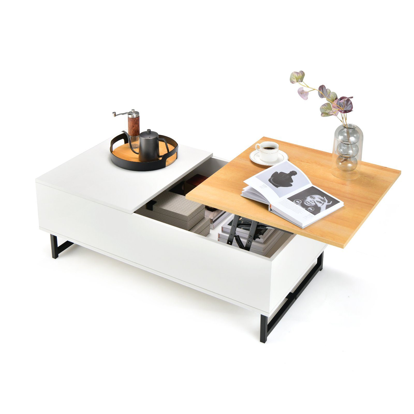 COSTWAY Couchtisch, höhenverstellbare Tischplatte, 110x60x38cm Weiß Metallrahmen