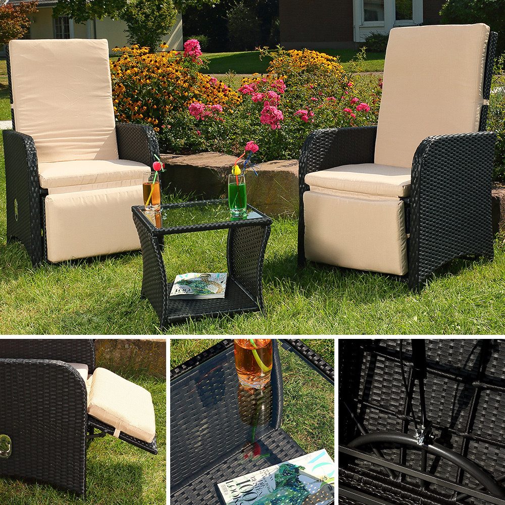 Mucola Sitzgruppe Gartenmöbel Set Sitzgarnitur Polyrattan Sitzgruppe Essgarnitur, (elegantes Set im Lounge-Design, 3-tlg., inkl. Auflagen für mehr Komfort), 3-teiliges Rattanmöbel Set mit verstellbarer Rücken- & Fußlehne