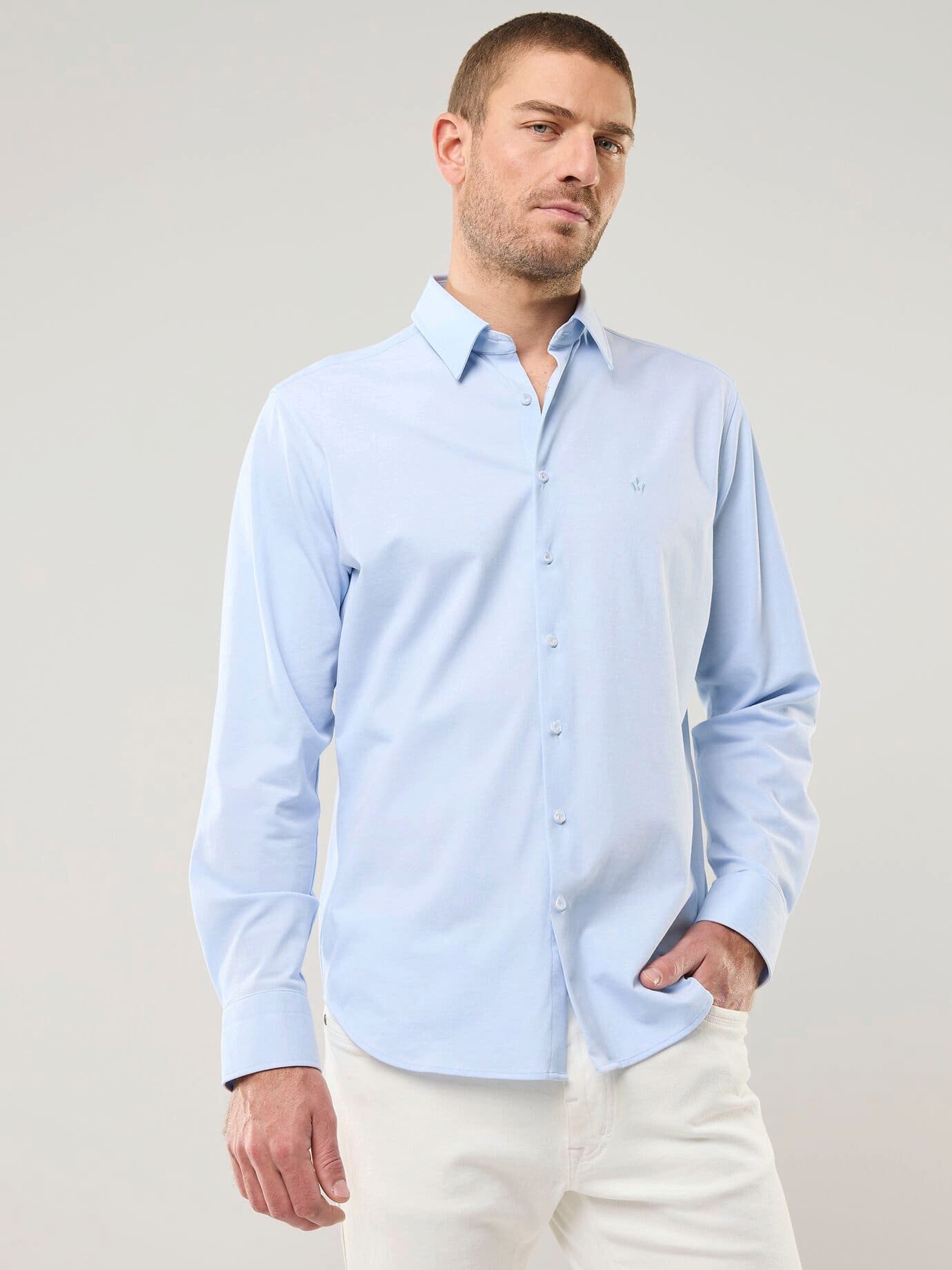 Walbusch Langarmhemd Herren Comfort-Pique Hemd Regular Fit Langarm Baumwolle Pflegeleicht, elastisch mit Kentkragen und Brusttaschen-Stickerei