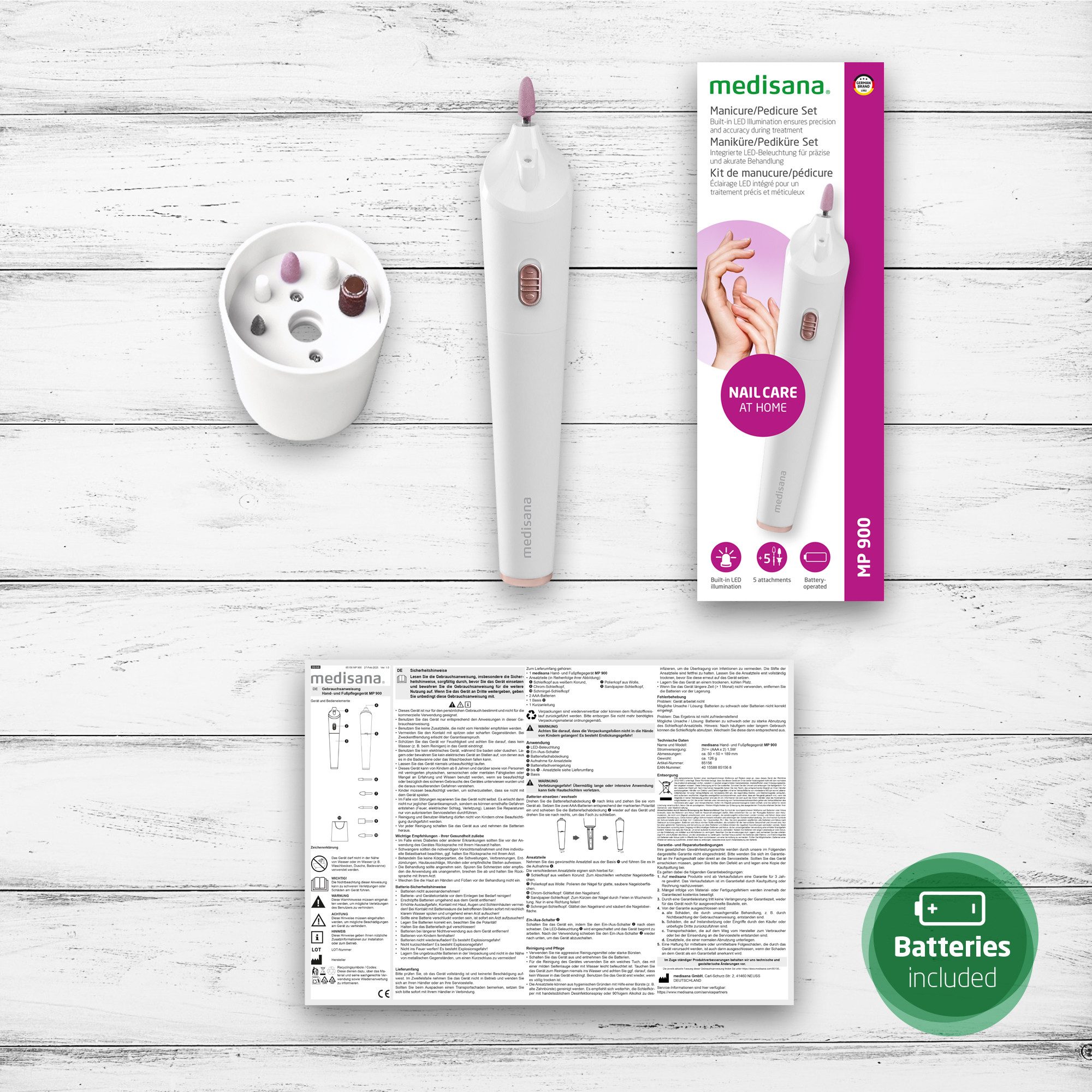 medisana Maniküre-Pediküre-Set MP 900, 5-tlg., 5 Aufsätze, für Nägel, Nagelhaut und Hornhaut, batteriebetrieben – Bild 5 von 5