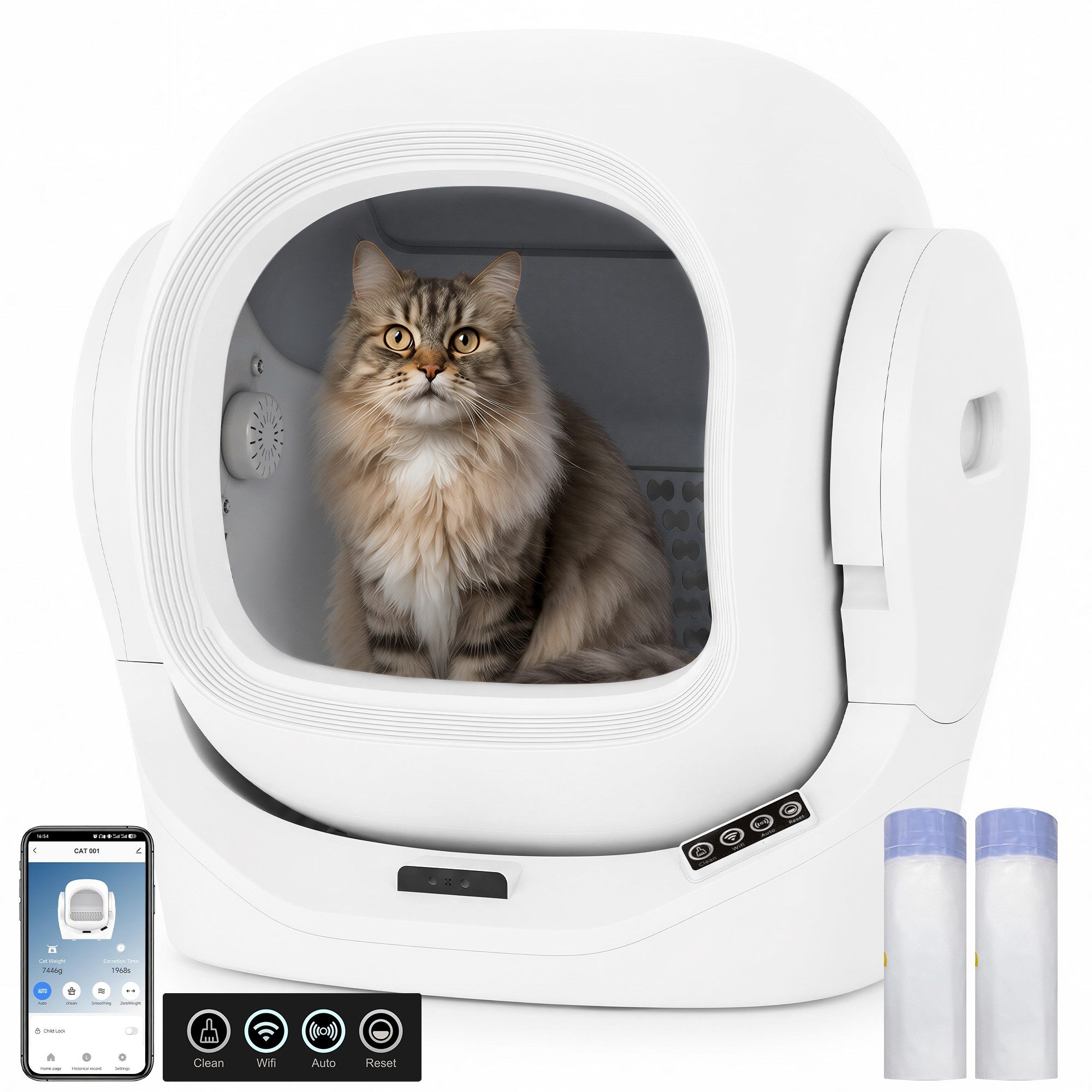 Merax Katzentoilette Selbstreinigende Katzenklo Automatisch, Geruchsbeseitigung, mit 68L Großraum, 8L Abfallbehälter, Infrarot-Sicherheitssensor