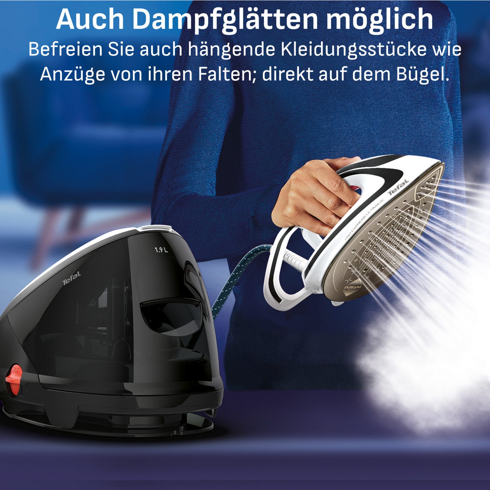 Tefal Dampfbügelstation Pro Express Ultimate, starker 8-Bar-Druck, 1,9 L Wassertank, 1900 ml Wassertank, Dampfstoß: 520 g/Min., Dauerdampfmenge: 120 g/Min., GV9550