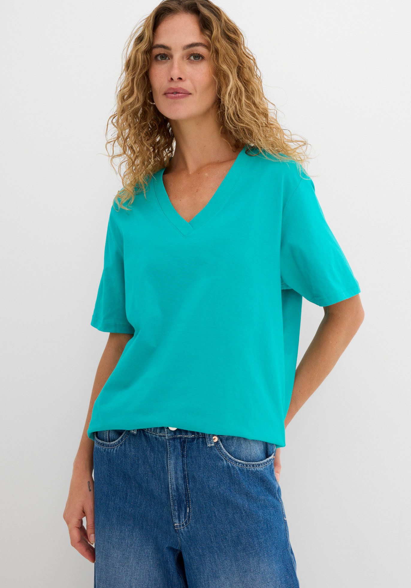 bonprix Longshirt (Packung, 5-tlg) lockere Passform, Kurzarm, mit V-Ausschnitt, unifarben