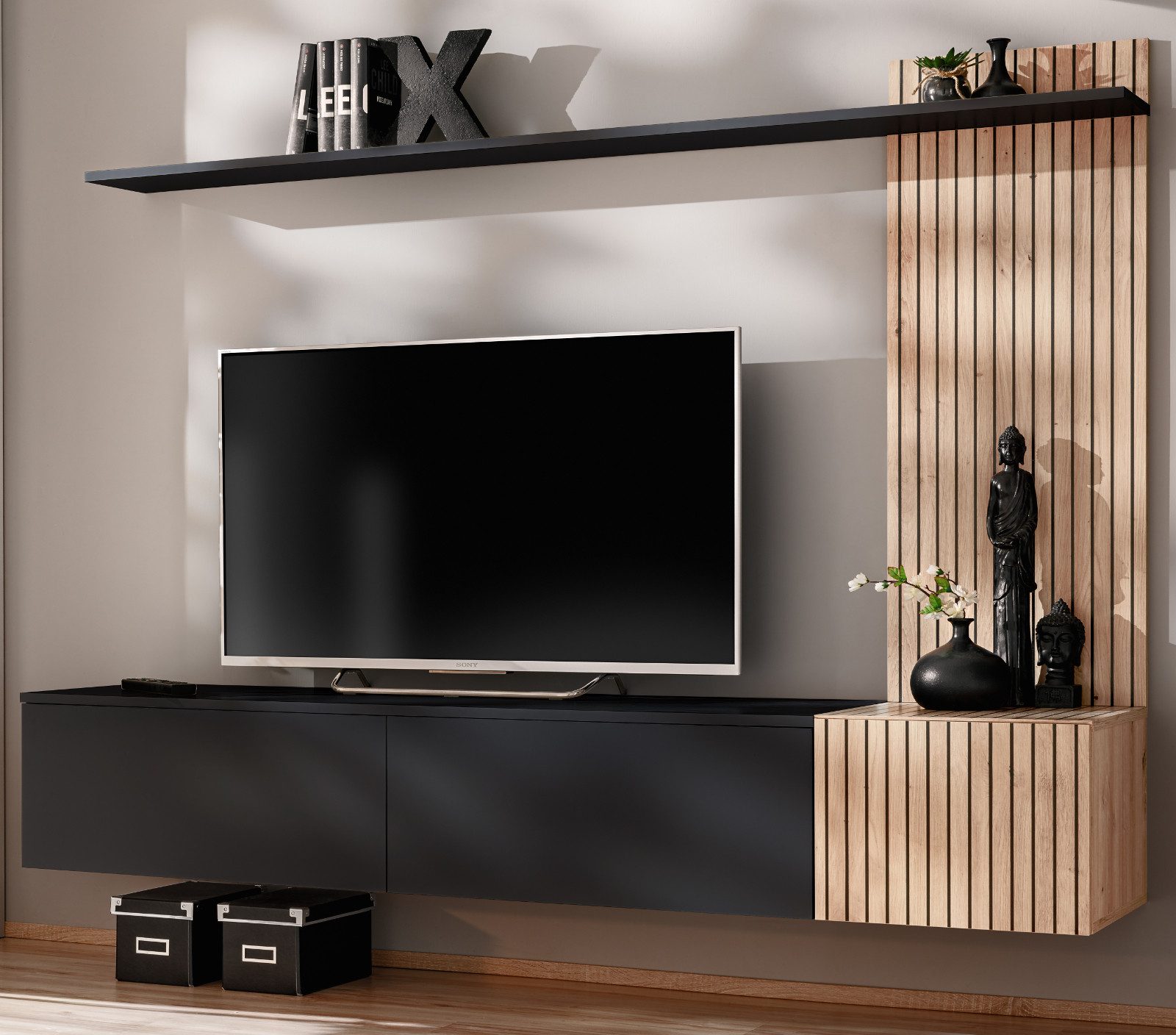 Furn.Design Wohnwand Madina, (TV-Schrank in Schwarz und Eiche Leistenoptik, Breite 180 cm, TV bis ca. 70), mit Push-To-Open und Soft-Close