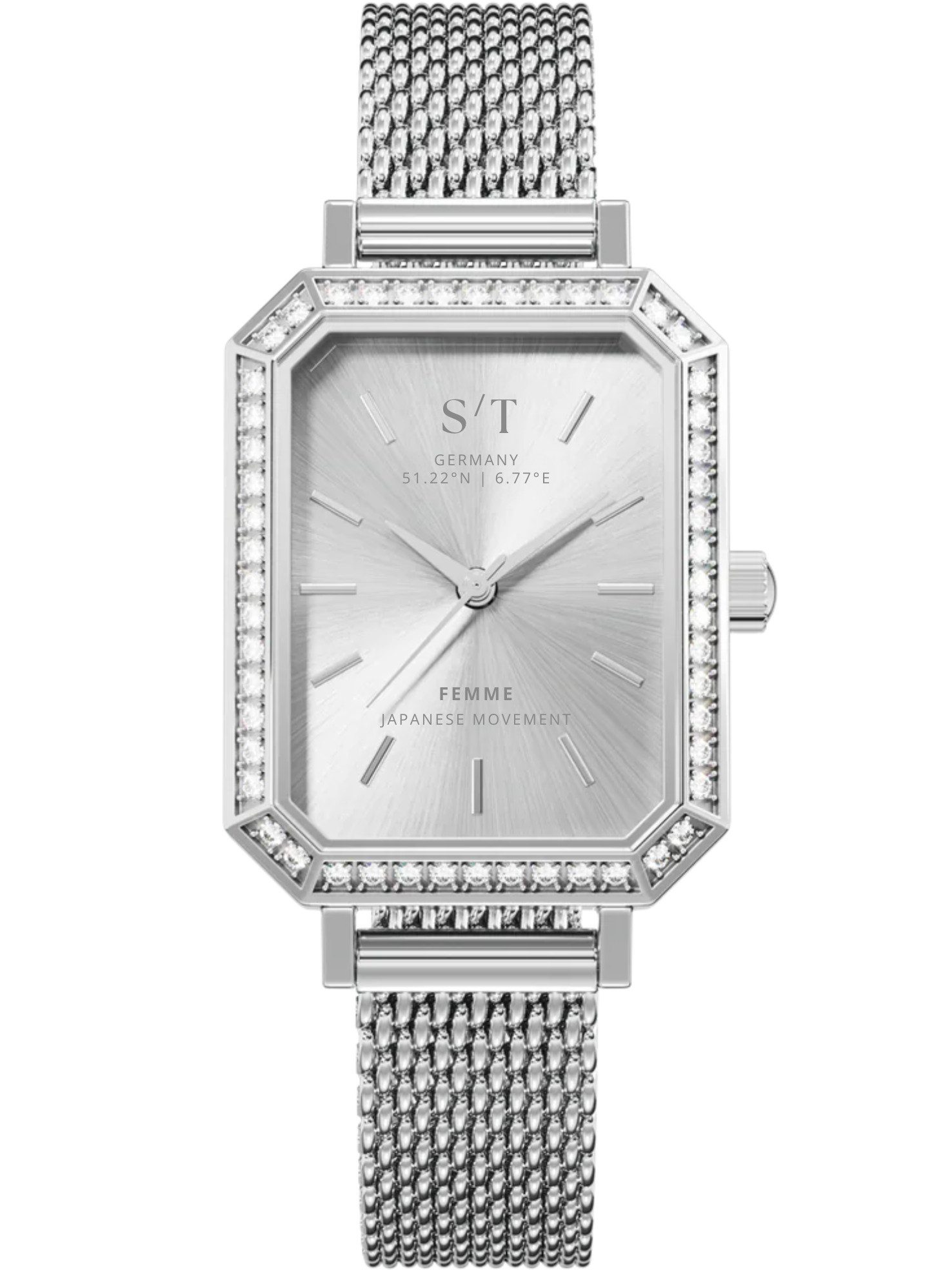 S&T Design Quarzuhr Damen Armbanduhr Edelstahl Diamant Damenuhr S/T FEMME, (Packung, Mit Mesh Armband und Armbandkürzer), 5 ATM Wasserdicht Japanisches Uhrwerk Rechteckig Mesh Armband