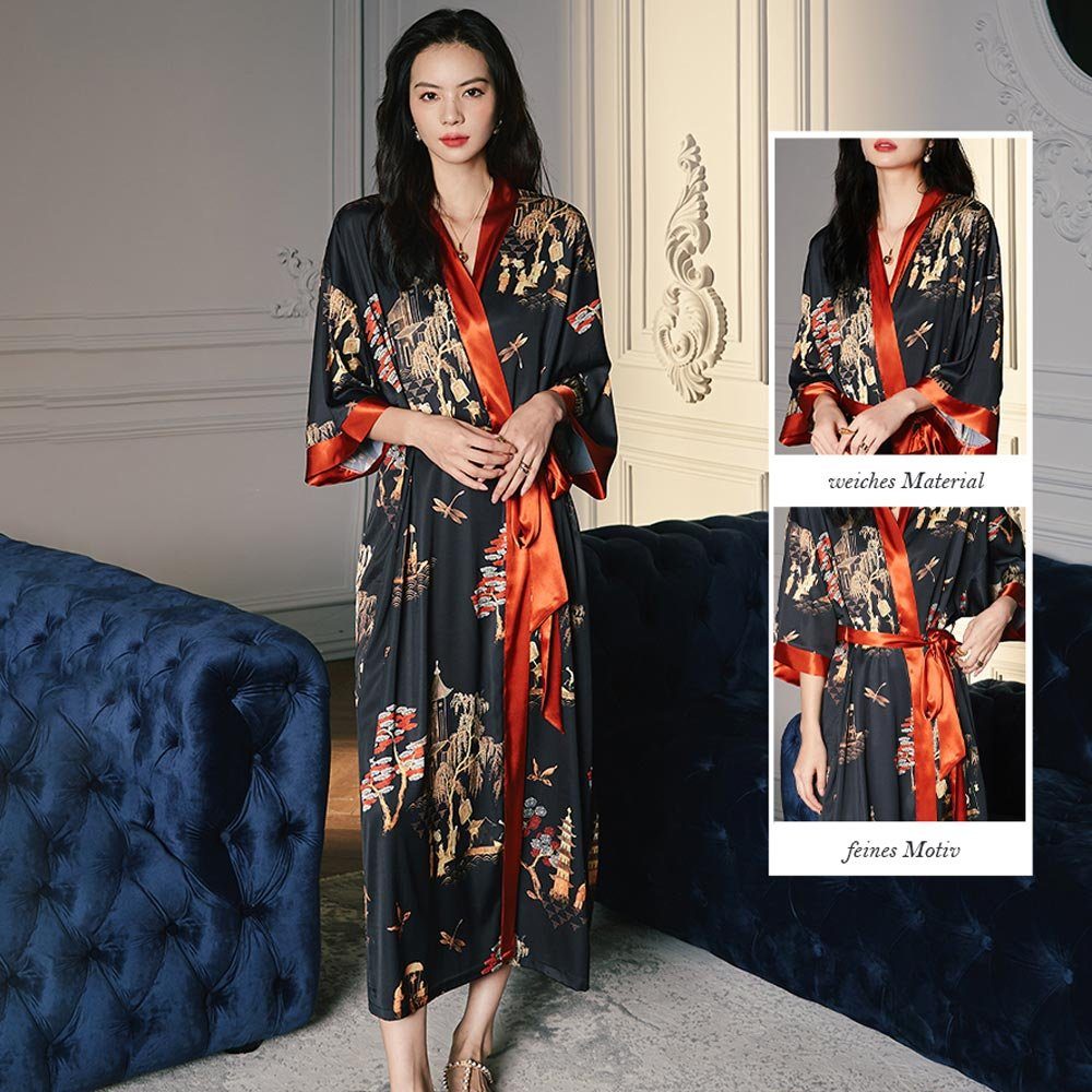 Vivi Idee Morgenmantel Bademantel Schlafmantel kimono lang leicht satin Sauna Einheitsgröße, Kimono-Kragen, Bindegürtel, Seidig – Bild 4 von 5