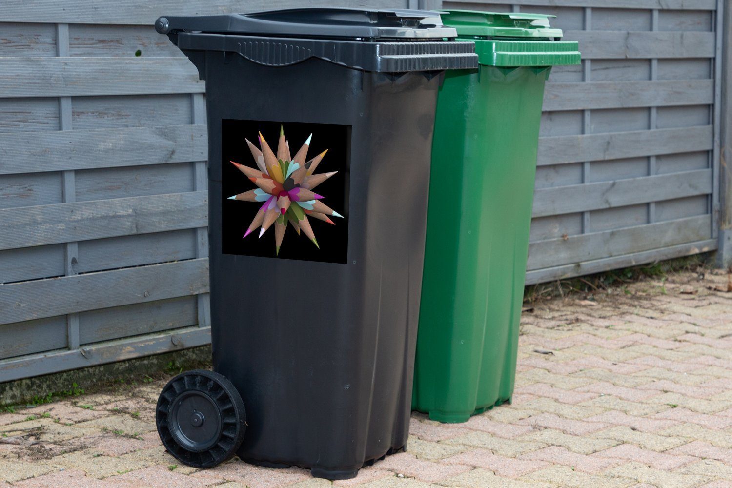 Sticker, Abfalbehälter Mülltonne, St), schwarzem auf MuchoWow 3d-Anzeige Container, (1 von Hintergrund Mülleimer-aufkleber, Bleistiften Wandsticker