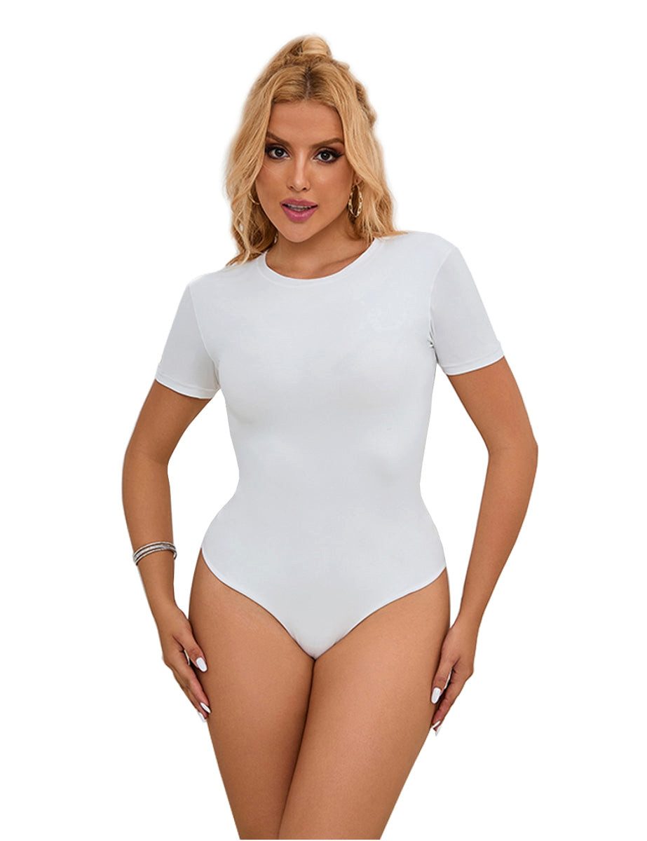 Lau-Fashion Kurzarmbody Bodysuits Weiß kurze Ärmeln Body Schritt Unterwäsche Dessous S/XL