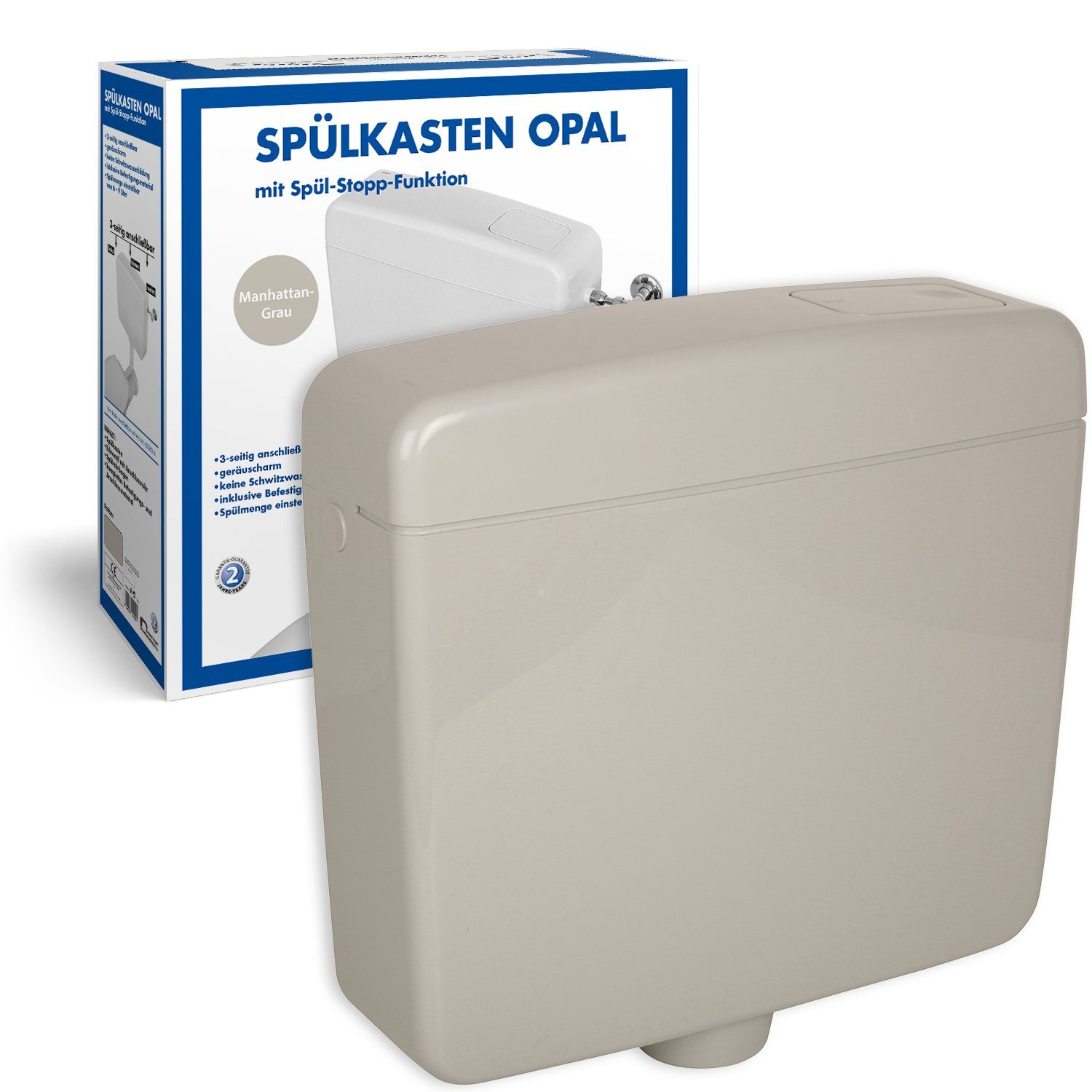 SANITOP WINGENROTH Spülkasten Opal, 9 l, Komplett-Set, Anschluss links oder rechts, Anschlussset hinten separat, Aufputz, Manhattan-Grau, Spül-Stopp Taste, Sparspülung, 210249