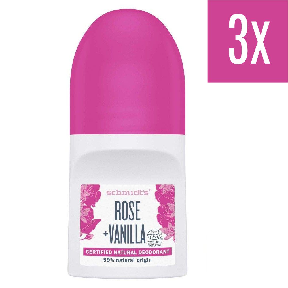 SCHMIDT'S Deo-Roller Natürliches Deodorant Roll-On Rose + Vanille 50ml - 3erPack