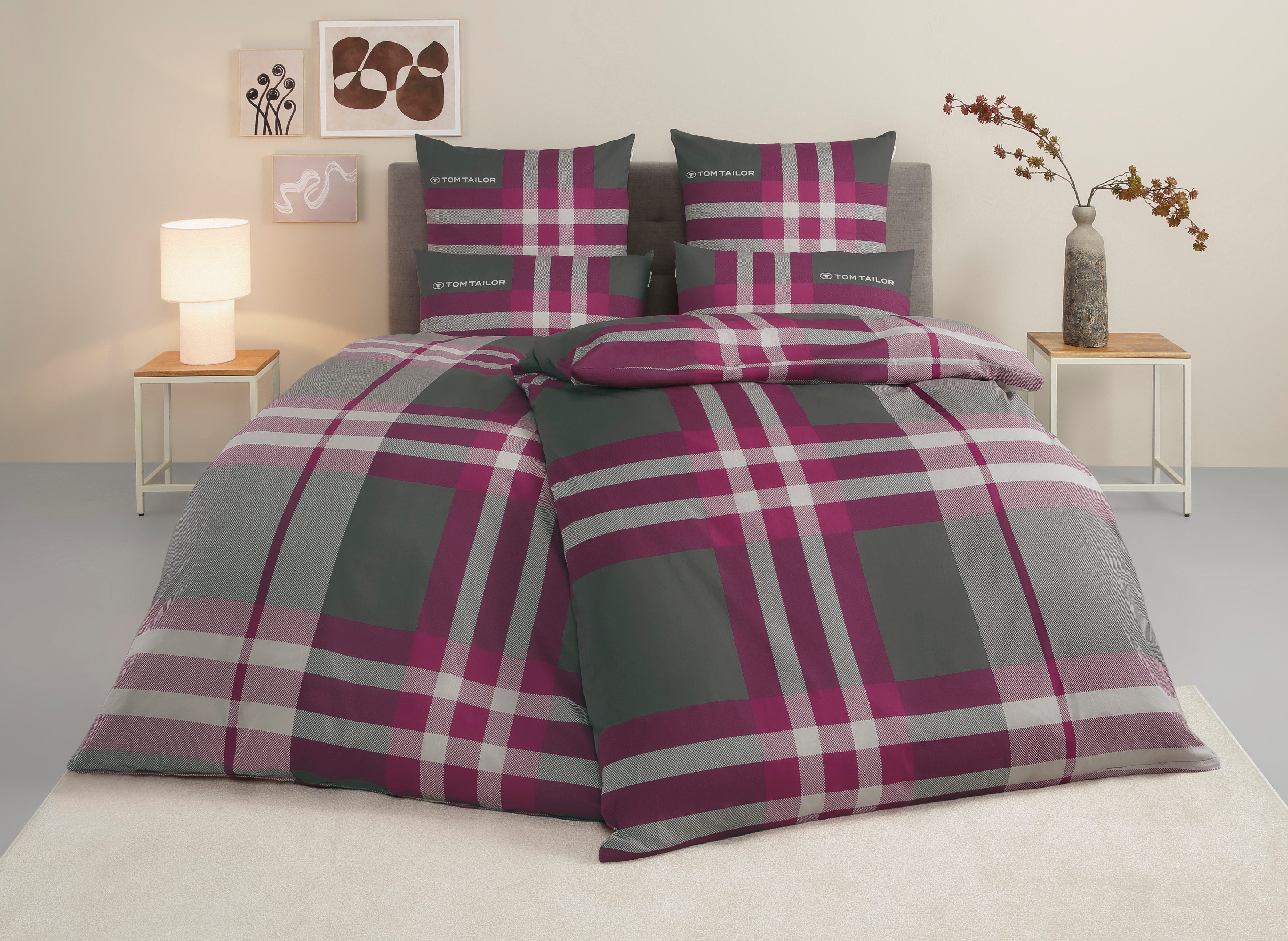 TOM TAILOR HOME Bettwäsche Nick in Gr. 135x200 oder 155x220 cm, Biber, 3 teilig, mit Gratiszugabe Gästehandtuch