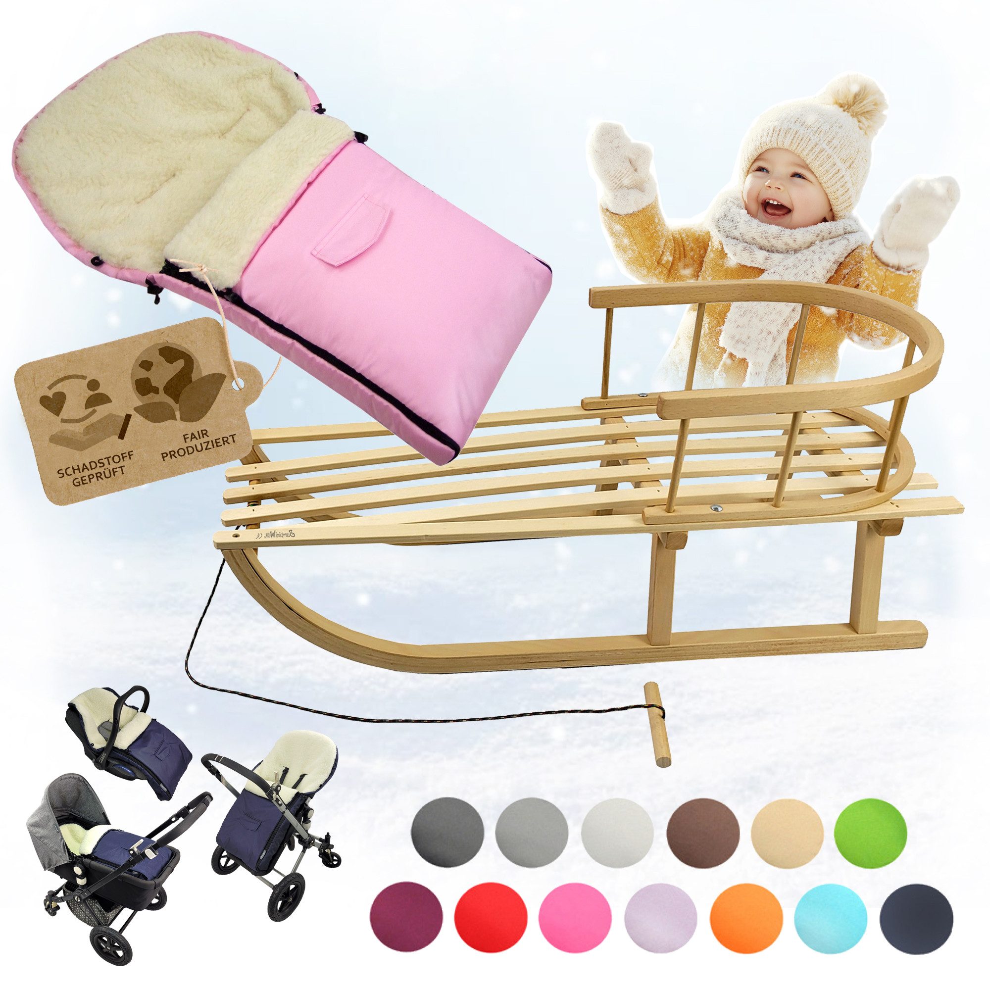 BambiniWelt by Rafael K. Санчата CE-HOLZSCHLITTEN mit Rückenlehne Zugleine + WINTERFUßSACK Wolle 90cm, Kombi-Angebot