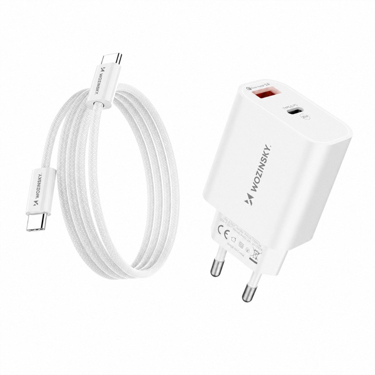 Wozinsky WLS-20W USB-Ladegerät (3000 mA, Ladegerät mit 1 m USB-C-Kabel, 20 W PD, QC 3.0, USB-C + USB-A, inkl. 1 m USB-C-Kabel)