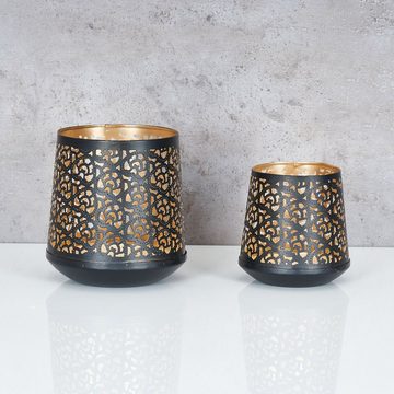 Levandeo® Teelichthalter, 2er Set Teelichthalter Schwarz Gold H14 cm Metall Windlicht Design