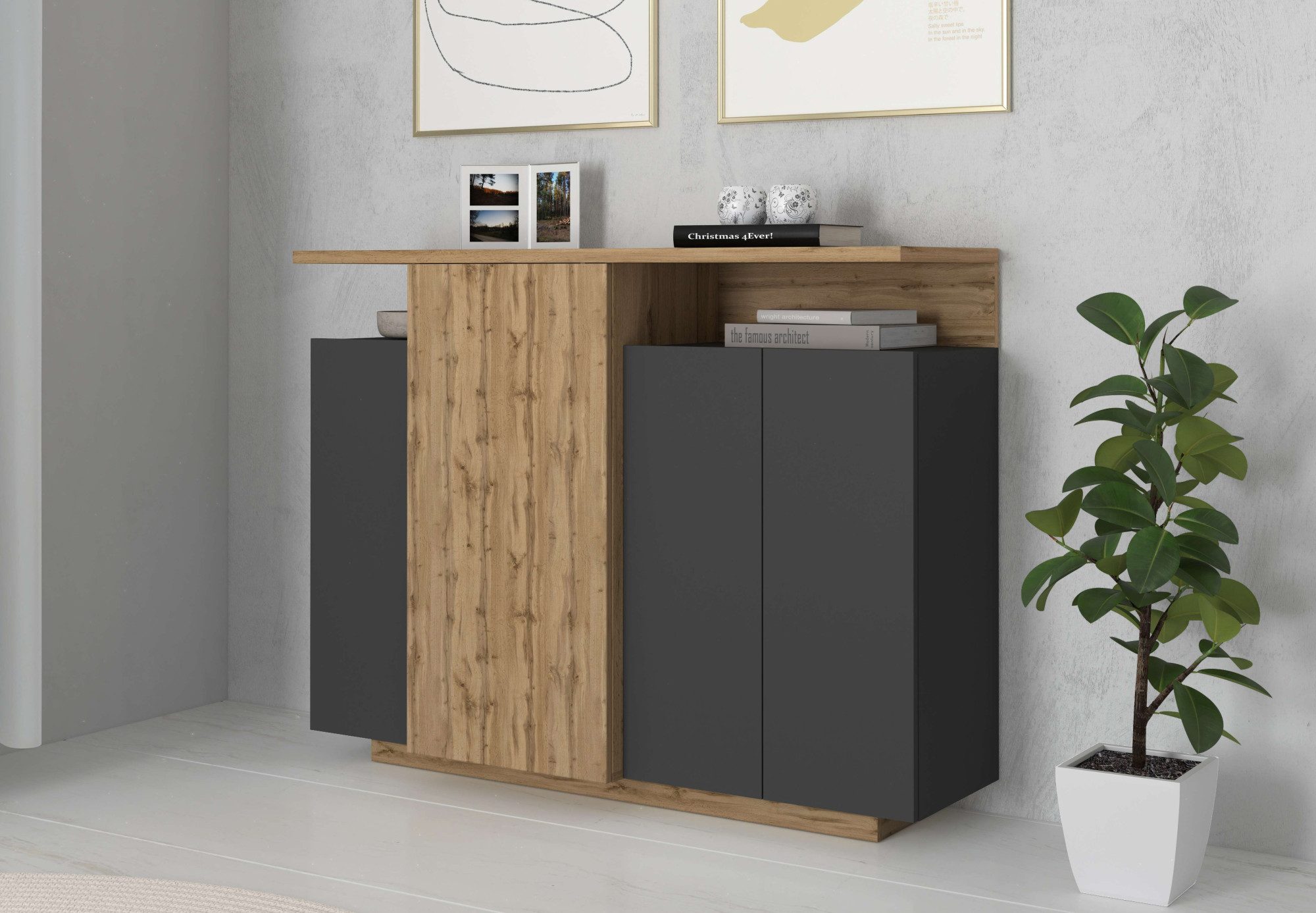 OTTO home Highboard Highboard ETHOS, Kommode, Schrank, Kredenz (1 St), Mit 4 Drehtüren, 9 Innenfächern und 2 Außenfächern, B.130 cm