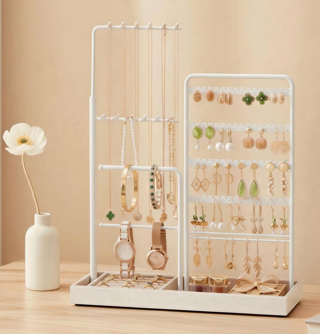 SONGMICS Schmuckständer Schmucktablett Samt, ausziehbarer Kettenhalter, Schmuckhalter, 30,9-47,5 cm hoch, Schmuckaufbewahrung