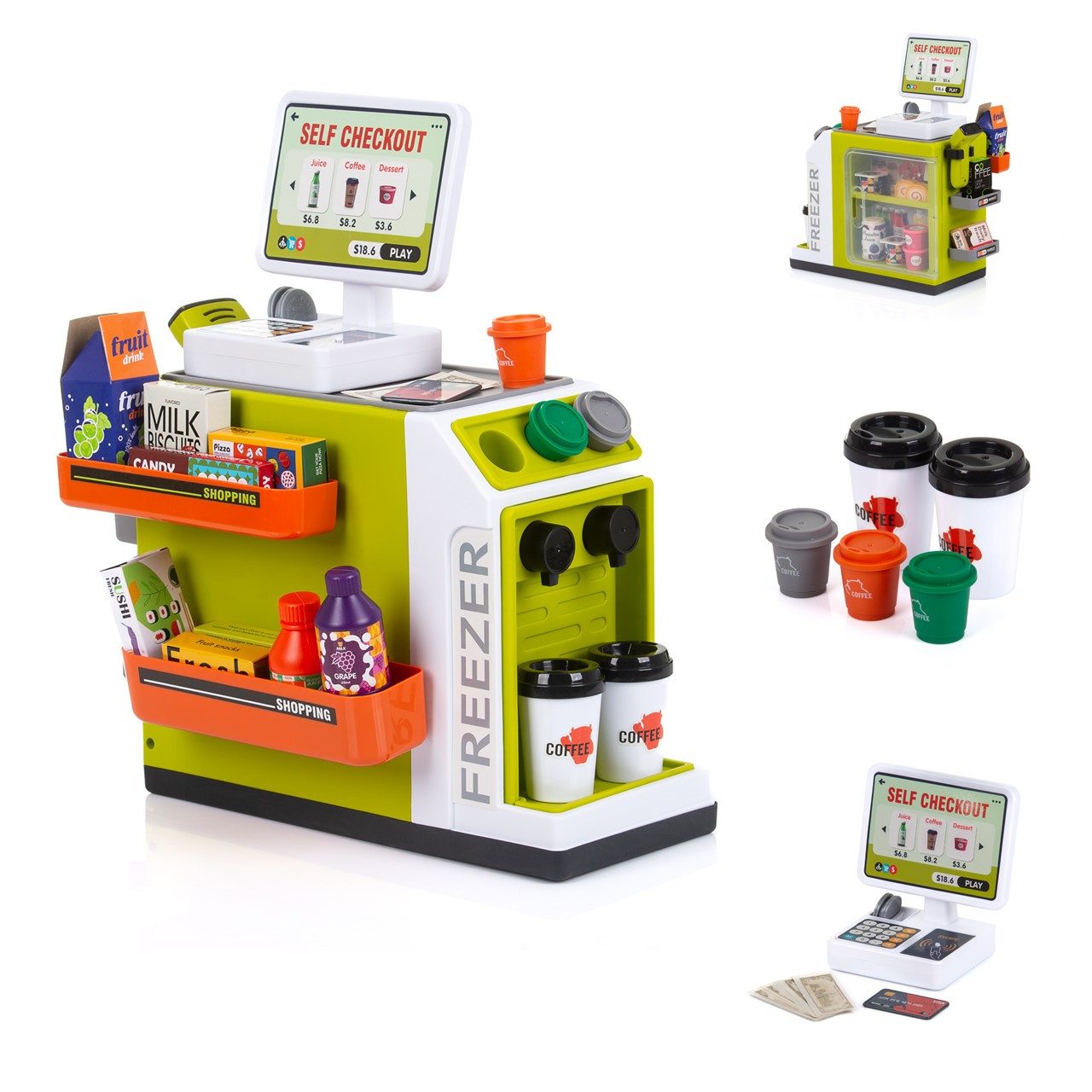 Chipolino Spiellebensmittel Spielzeug Supermarkt 46-teilig, Kasse Lebensmittel Becher Scanner Geld