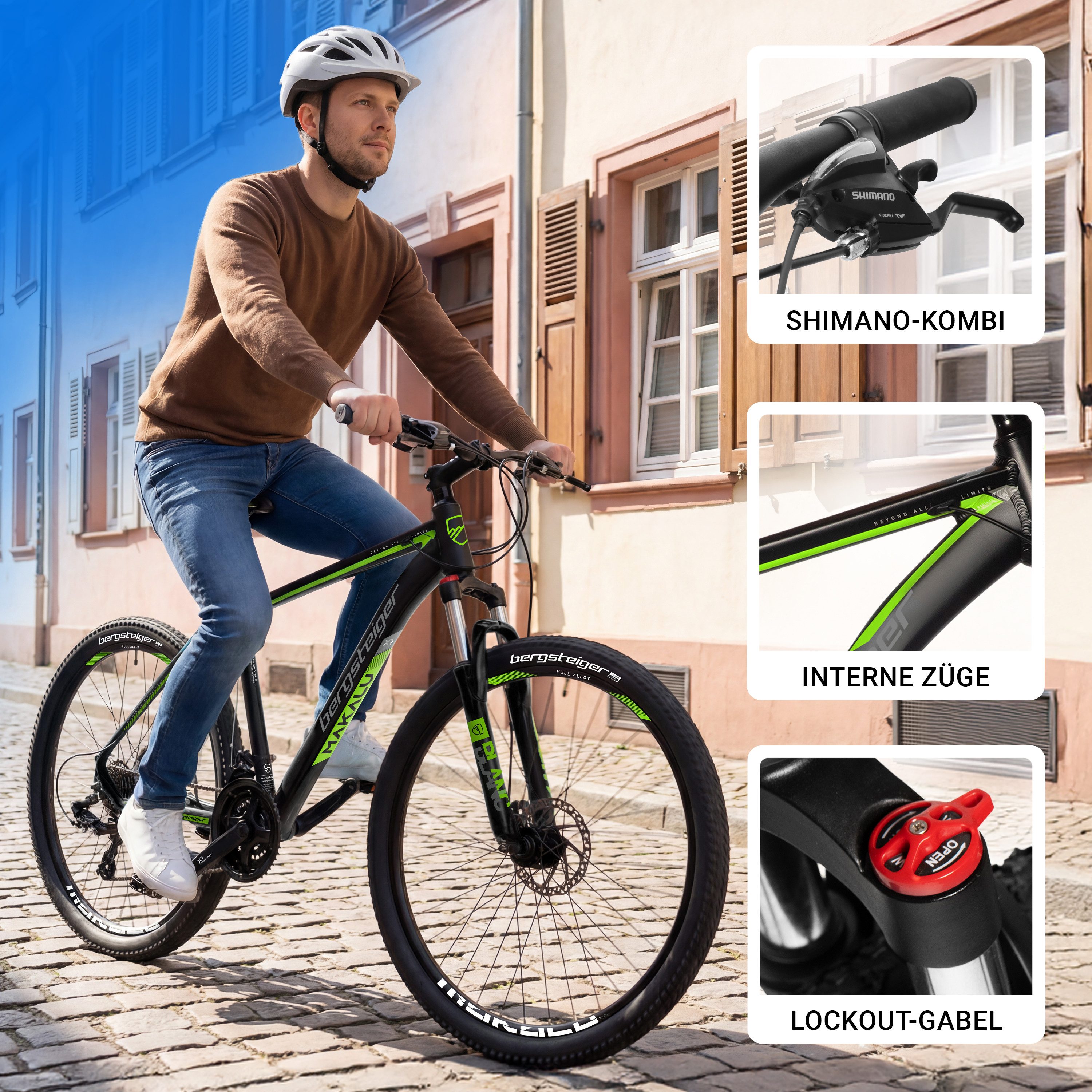 bergsteiger Mountainbike Makalu 26, 29 Zoll Mountainbike Alu, geeignet ab 150 cm, Damen, Herren, 21 Gang Shimano Tourney RD-TY300 Schaltwerk, Kettenschaltung, Scheibenbremsen