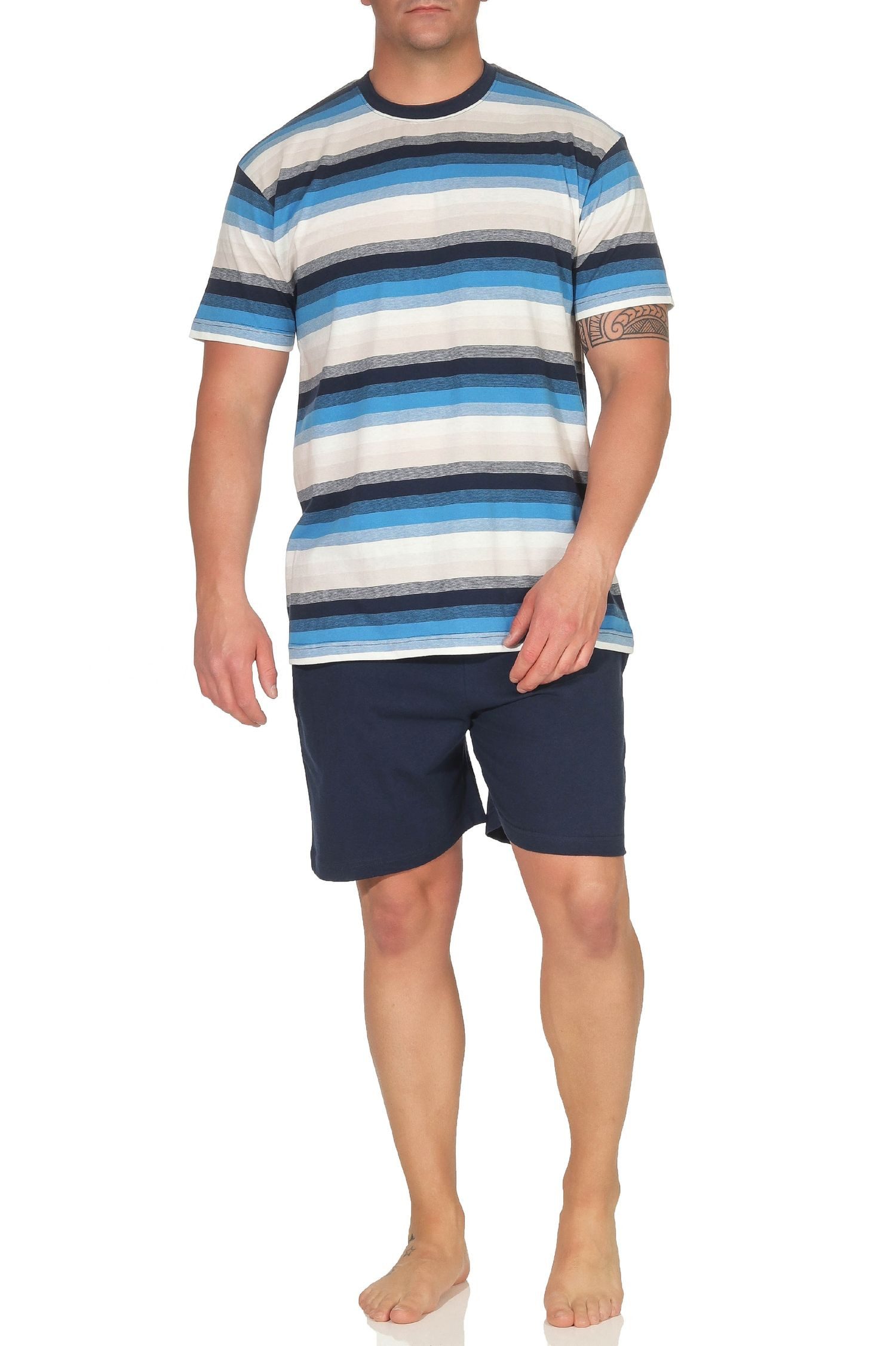 Pyjama Herren Pyjama Shorty Schlafanzug kurzarm in Blockstreifenoptik