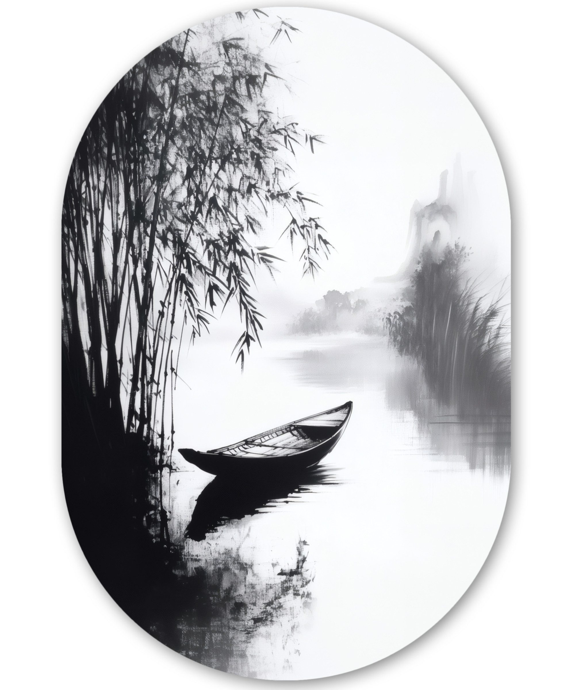 MuchoWow Gemälde Boot - Fluss - Bambus - Weiß, Fotodruck (1 St), Wandbild Oval, Wohnzimmer oder Schlafzimmer Wanddekoration, 40x60 cm