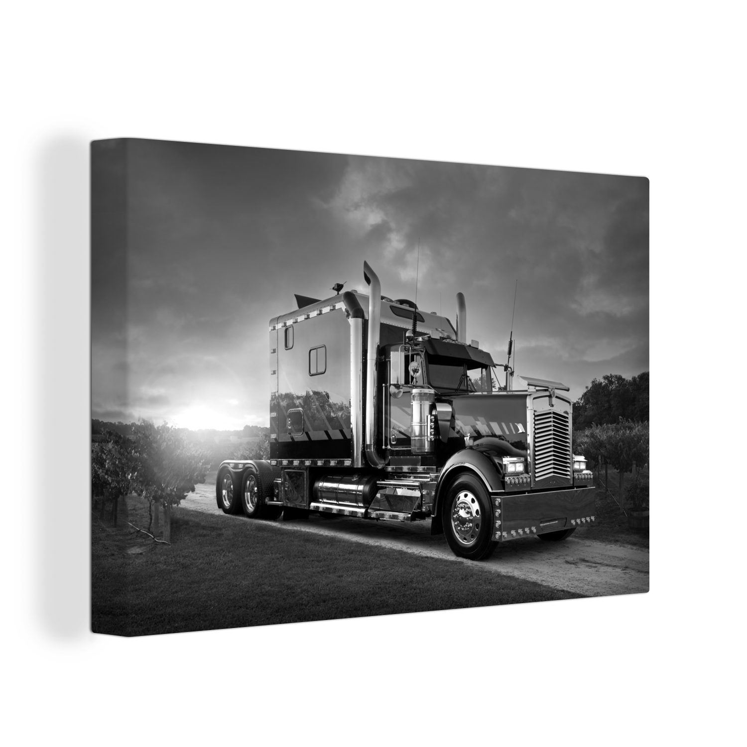 OneMillionCanvasses® Leinwandbild Lkw-Fahrt bei Sonnenuntergang - schwarz und weiß, (1 St), Wandbild für alle Wohnbereiche, Gemälde, XXL, großes, 120x80 cm
