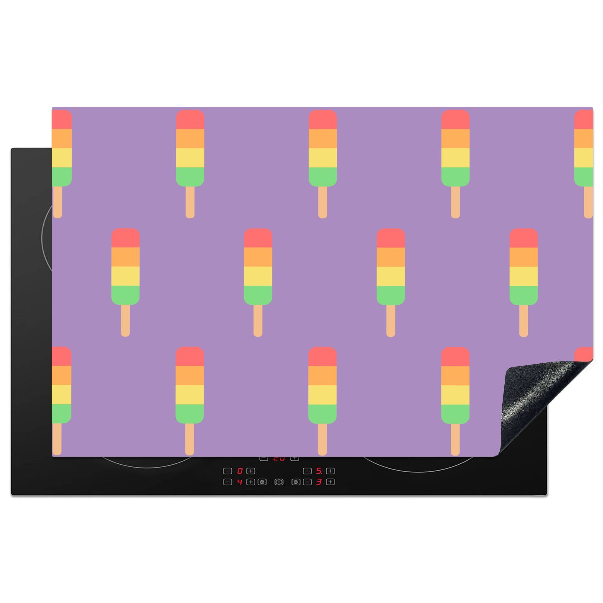 MuchoWow Herdblende-/Abdeckplatte Eiscreme - Muster - Farben - Lila, Vinyl, (1 tlg), 81x52 cm, Induktionskochfeld Schutz für die küche, Ceranfeldabdeckung