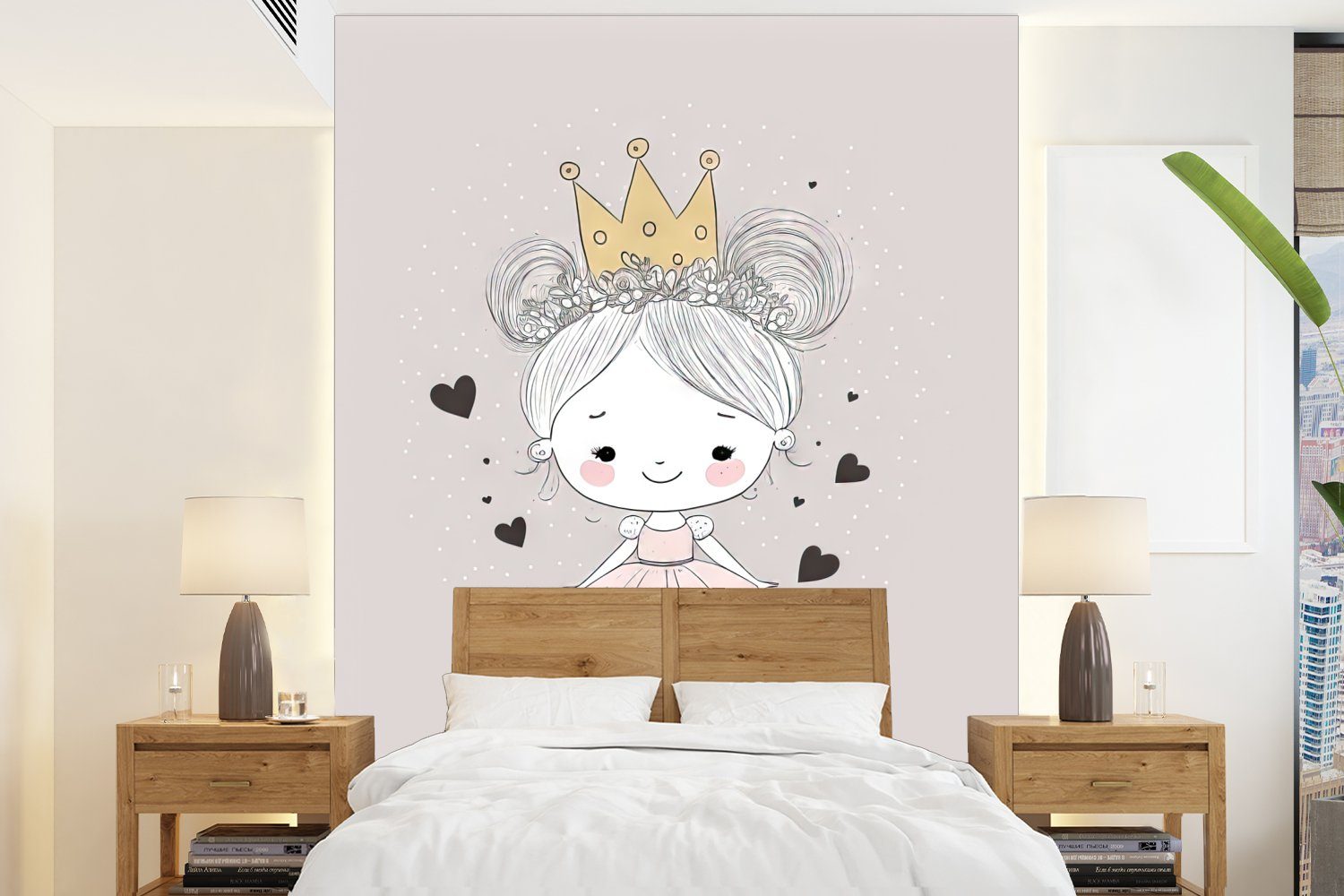 MuchoWow Fototapete Prinzessin - Mädchen - Herzen - Krone - Rosa, Matt, bedruckt, (4 St), Montagefertig Vinyl Tapete für Wohnzimmer, Wandtapete | Fototapeten