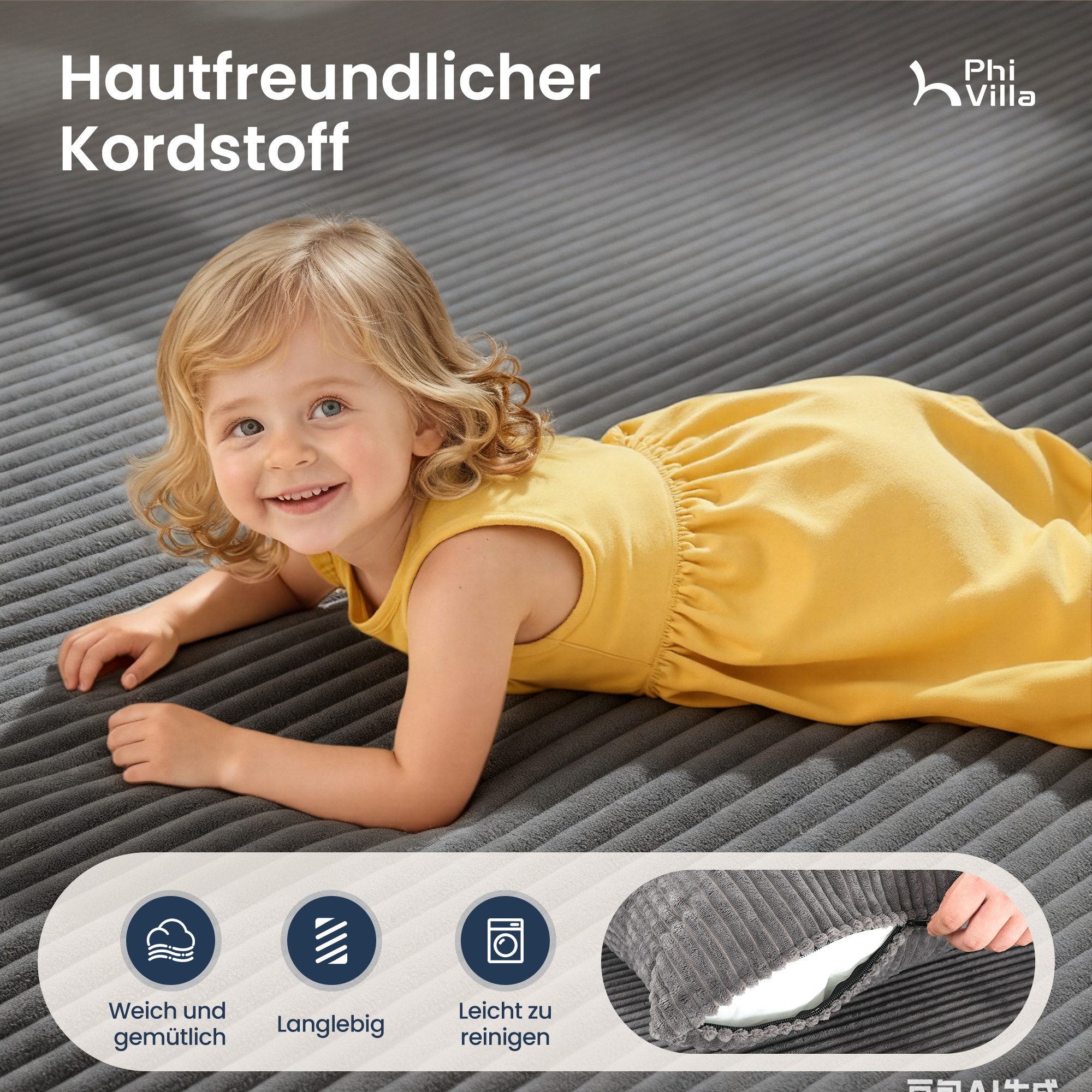 PHI VILLA Ecksofa, Boneless Couch 3-7 Sitzer, L Form Modulares Sofa Wohnzimmer Cord Keine Montage