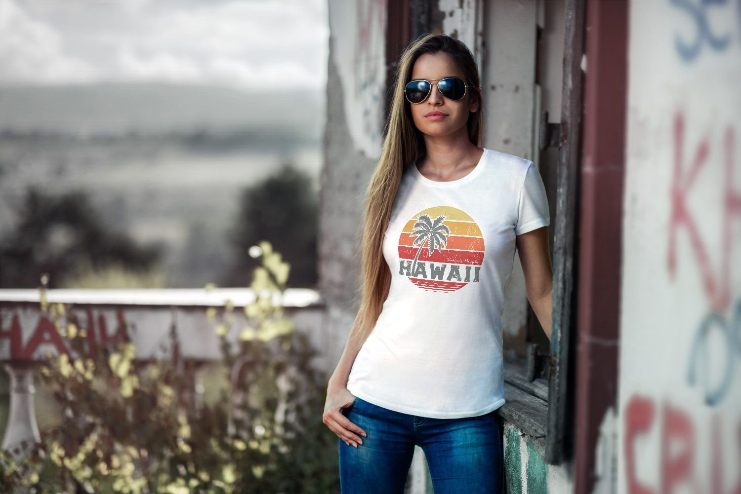 Neverless Print-Shirt Damen T-Shirt Hawaii Palme Tropical Summer Retro Slim  Fit Baumwolle Neverless® mit Print
