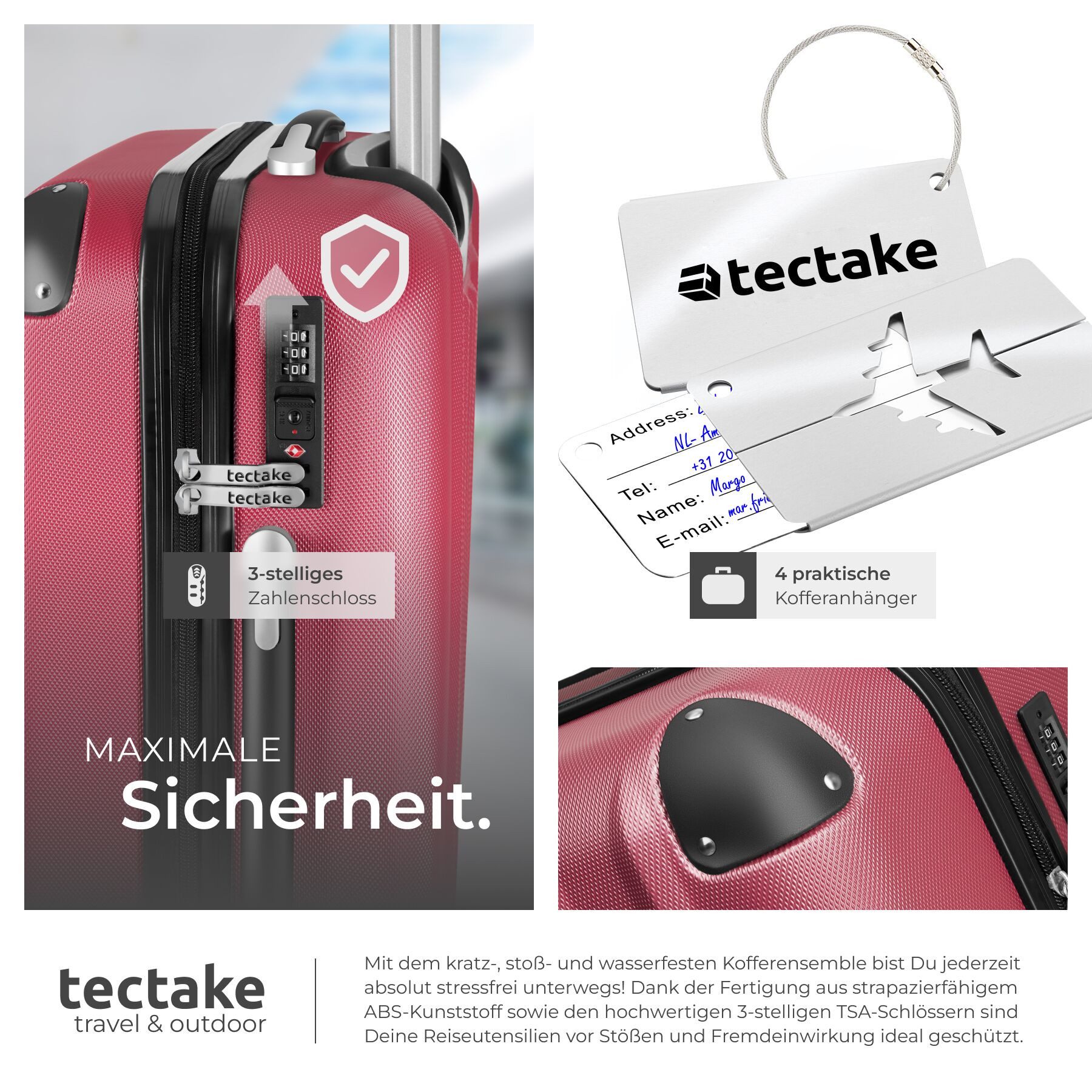 tectake Trolley Hartschalenkoffer-Set 19-teilig aus ABS-Kunststoff, Kofferwaage, 4 Rollen, TSA-Schloss, 360° drehbare, abnehmbare Rollen, mit Packwürfelset – Bild 5 von 5