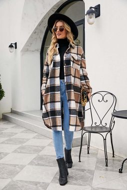 FIDDY Langarmbluse Damenmode Outwear Plaid Print Langarm Revers Lange Jacke Trenchcoat