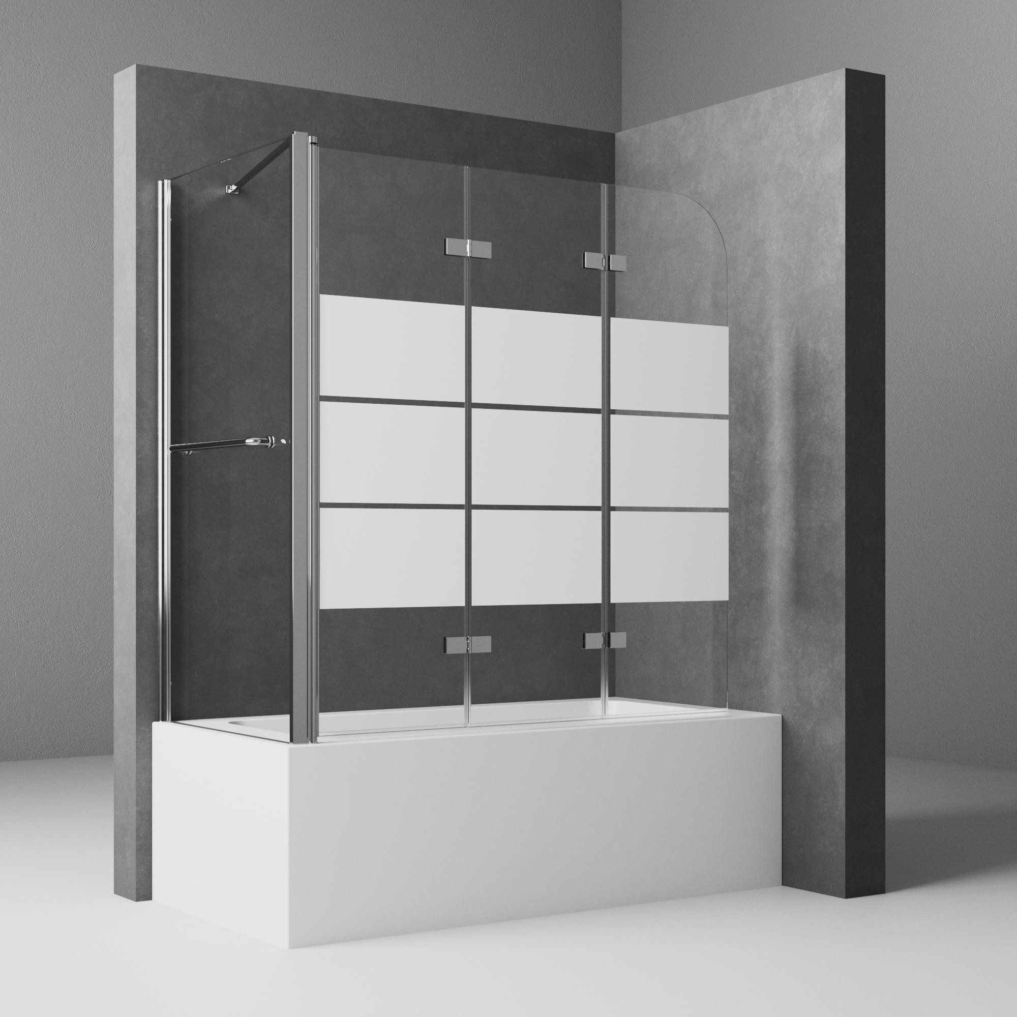Boromal Badewannenaufsatz Eck mit seitenwand 70cm 75cm 80cm Badewannenfaltwand 3teilig Milchglas, 6mm Sicherheitsglas, (Duschtrennwand mit Handtuchhalter, Haltestangen), 120x70x140, 120x75x140, 120x80x140cm