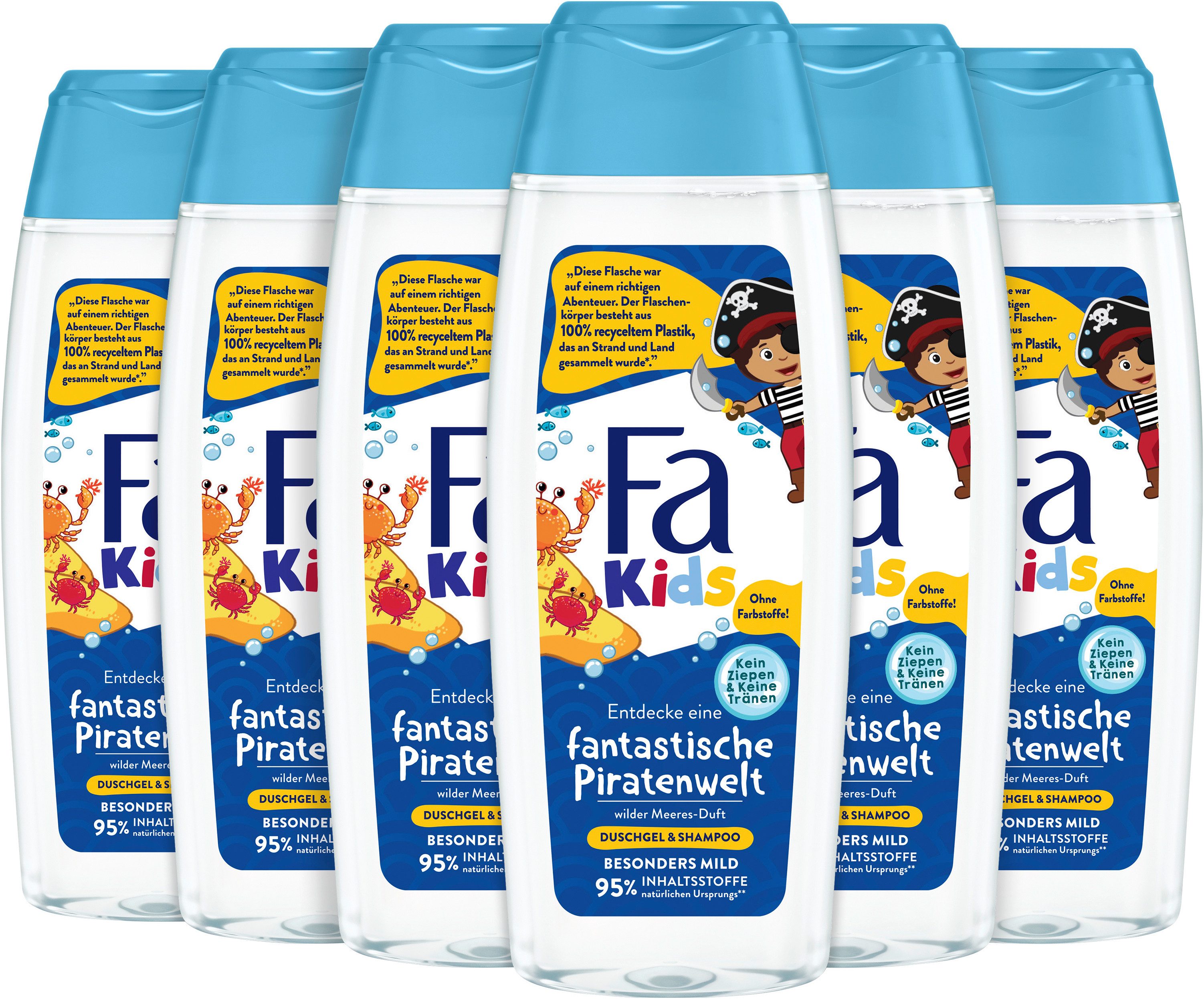 FA Duschgel Kids fantastische Piratenwelt wilder Meeres-Duft, 6x 250 ml, Social Plastic, Vegan