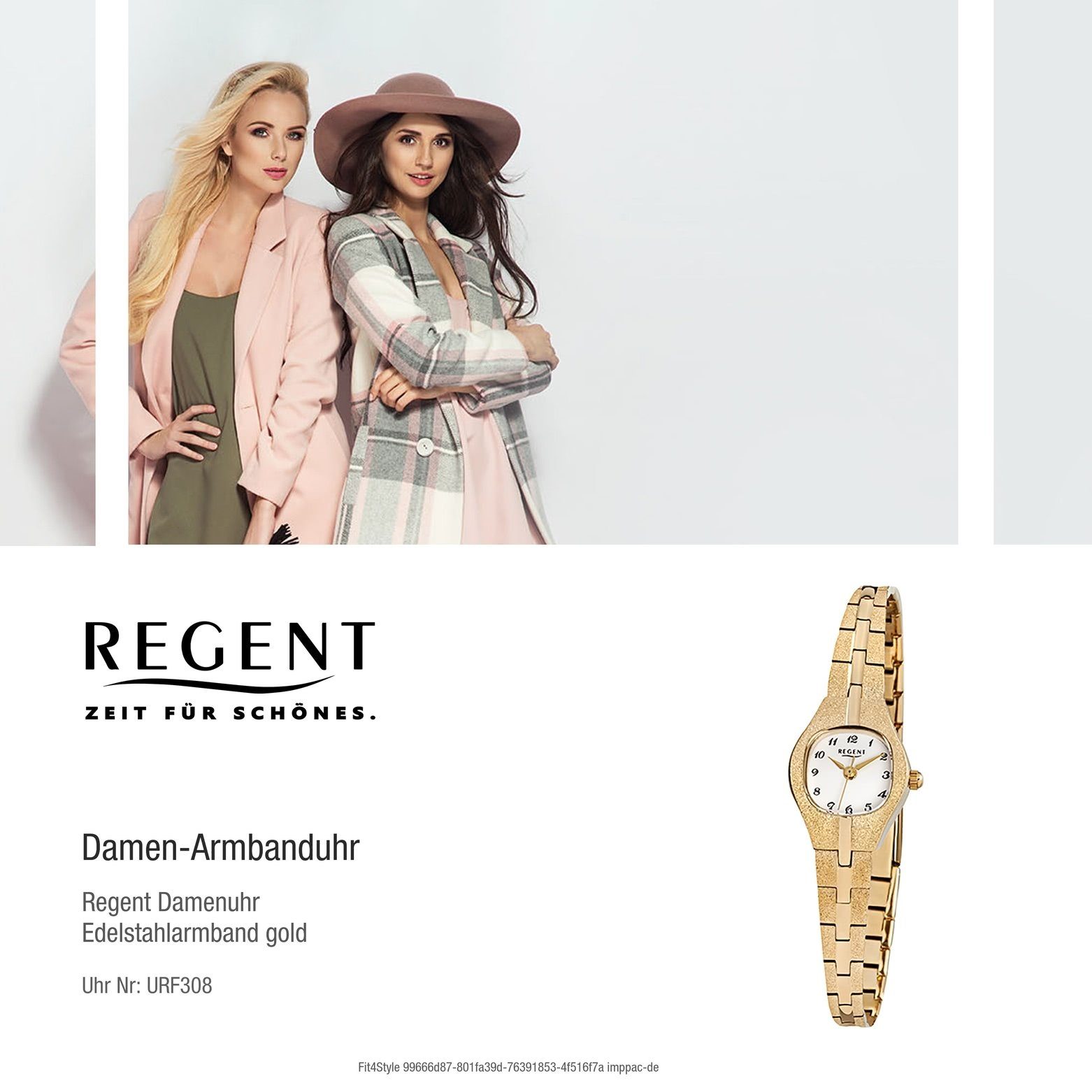 Regent Quarzuhr (ca. Regent Damen-Armbanduhr Analog 18x23mm), F-308, klein Damen Edelstahl, ionenplattiert gold Armbanduhr eckig