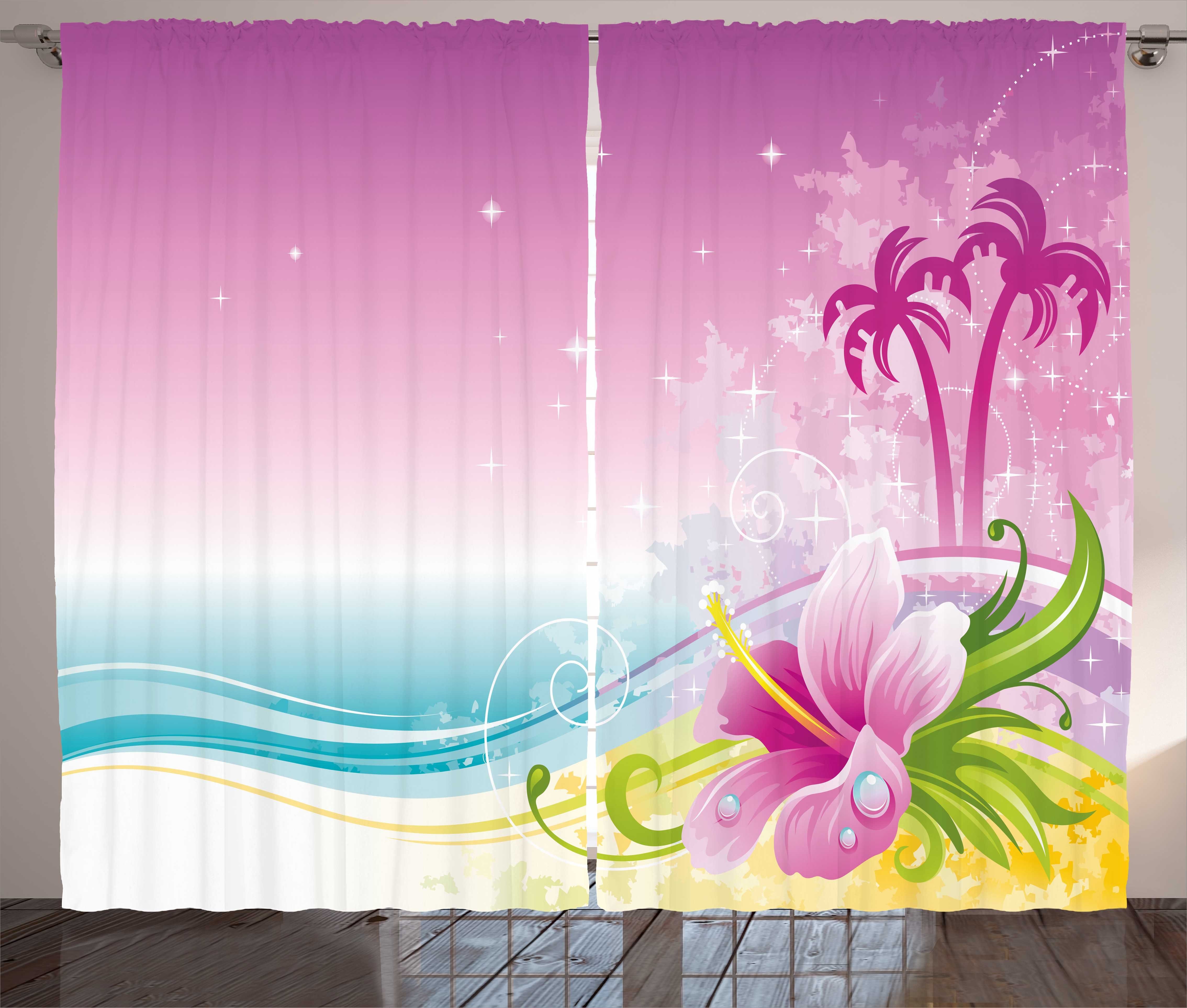Gardine Schlafzimmer Kräuselband Vorhang mit Schlaufen und Haken, Abakuhaus, Luau Zusammenfassungs-Wellen Hibiscus Palms