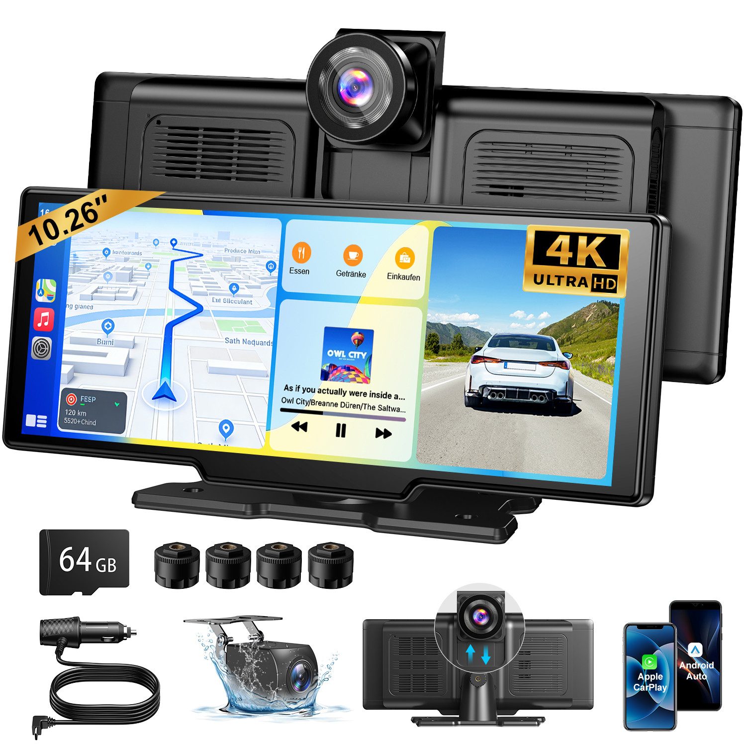 ESSGOO 4K 10.26'' Wireles Carplay Android Auto AutoRadio GPS Bluetooth 5.0 Navigationsgerät (64GB Rom TF Card WiFi,4K-Frontkamera/10.26" IPS Bildschirm(1600*600)