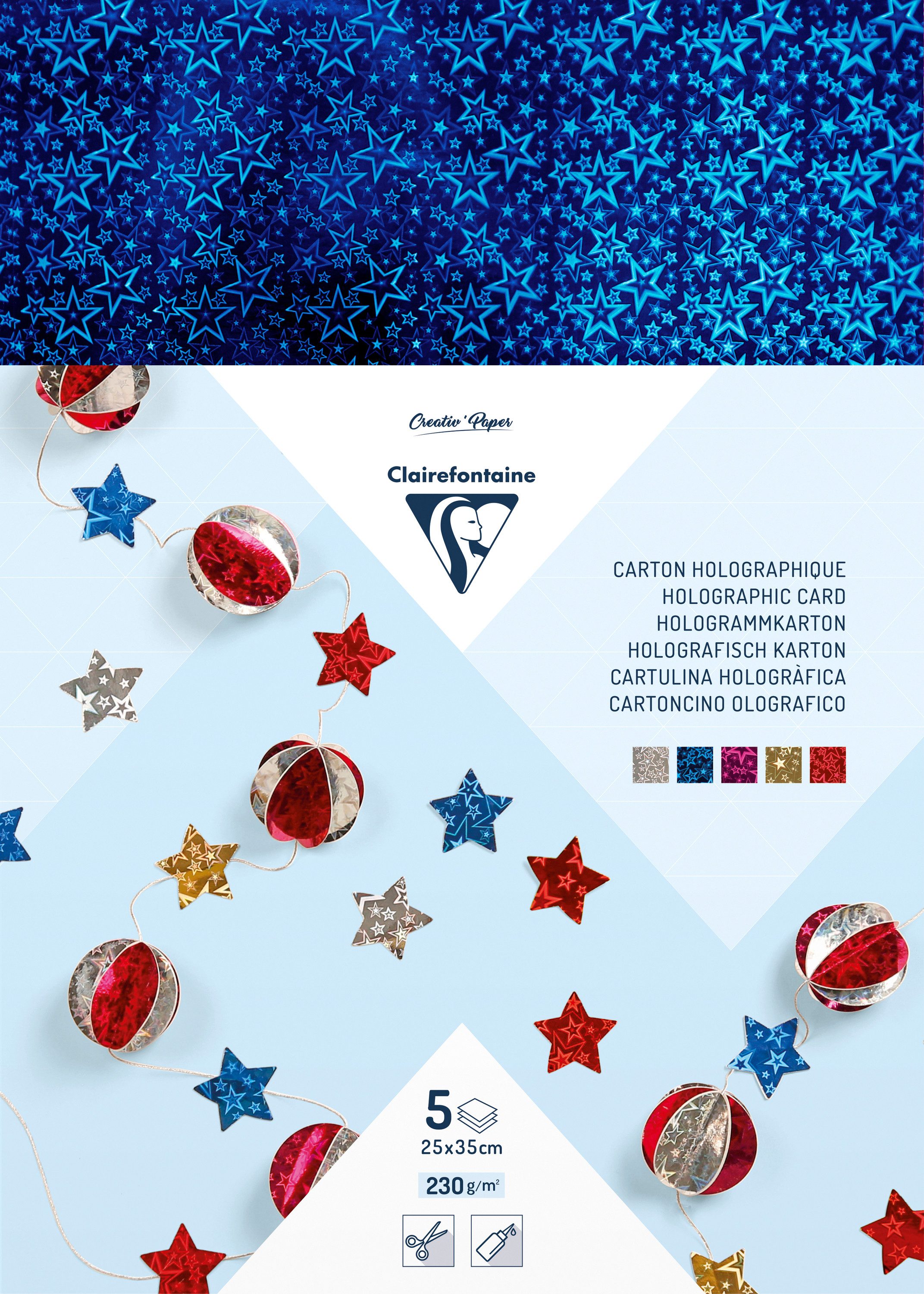 CLAIREFONTAINE Motivpapier Holografie-Karton "Sterne", 5 Blatt
