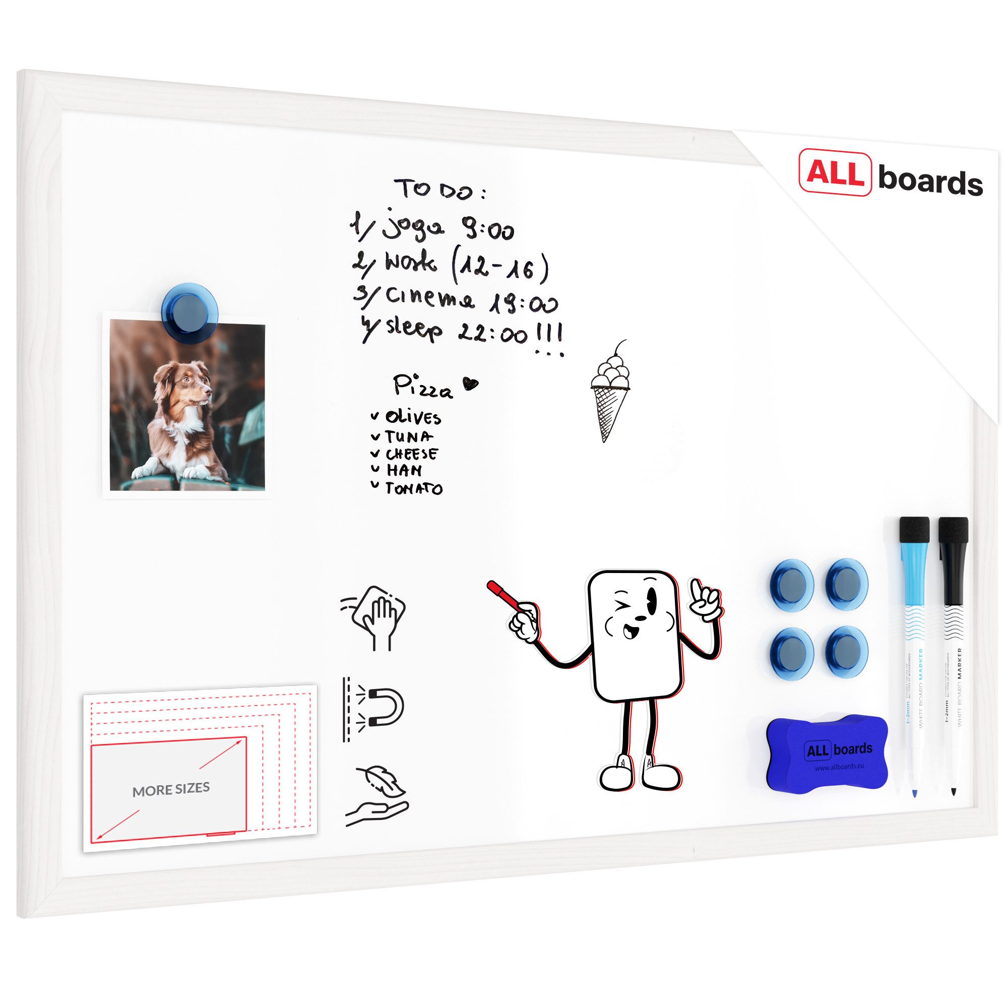 ALLboards Tafel Magnetisches Whiteboard mit weißen Holzrahmen 90x60cm
